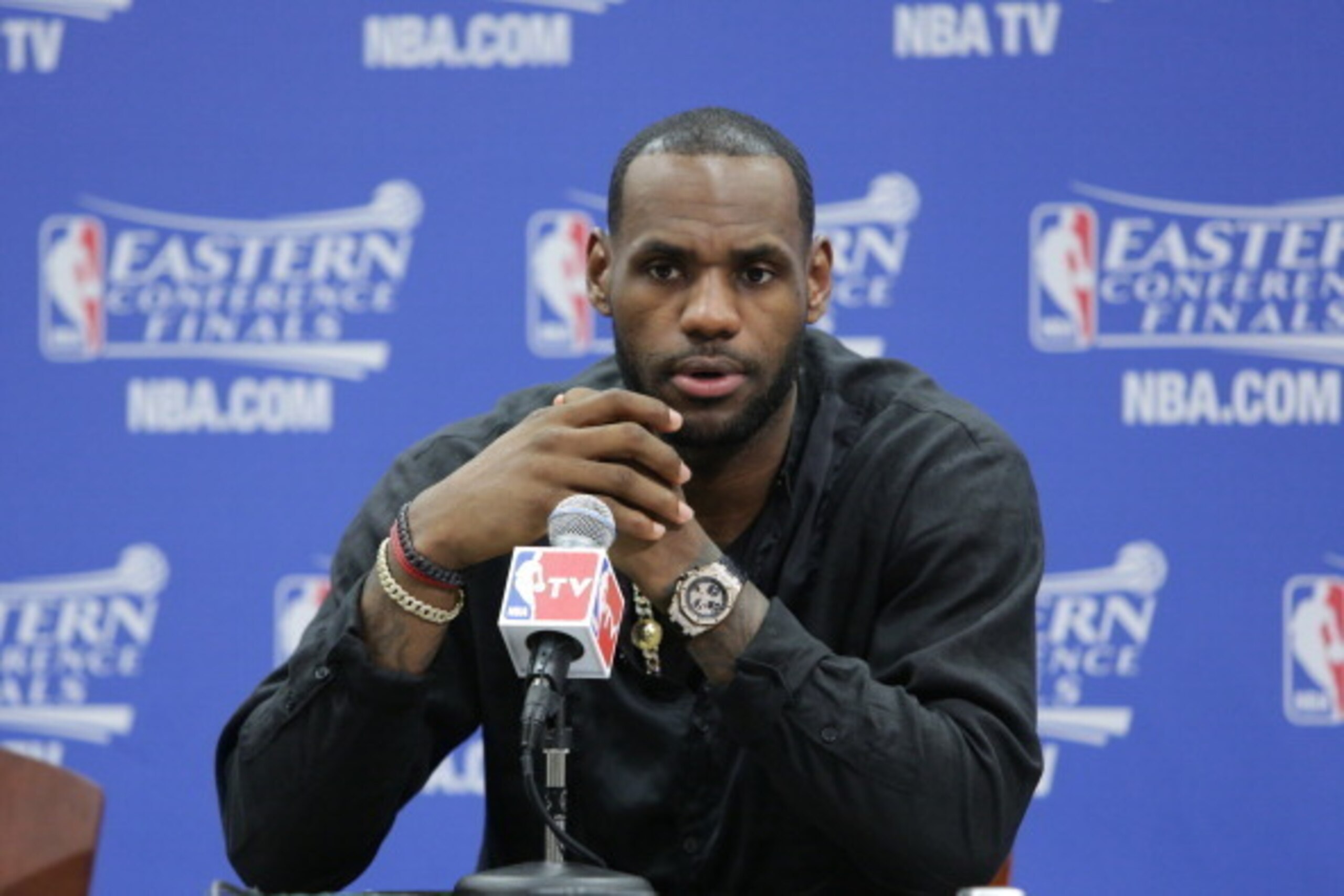 INDIANAPOLIS, IN - MAY 28: LeBron James #6 of the Miami Heat addresses the media after Game Five of the Eastern Conference Finals against the Indiana Pacers during the 2014 NBA Playoffs on May 28, 2014 at Bankers Life Fieldhouse, Indianapolis, IN. NOTE TO