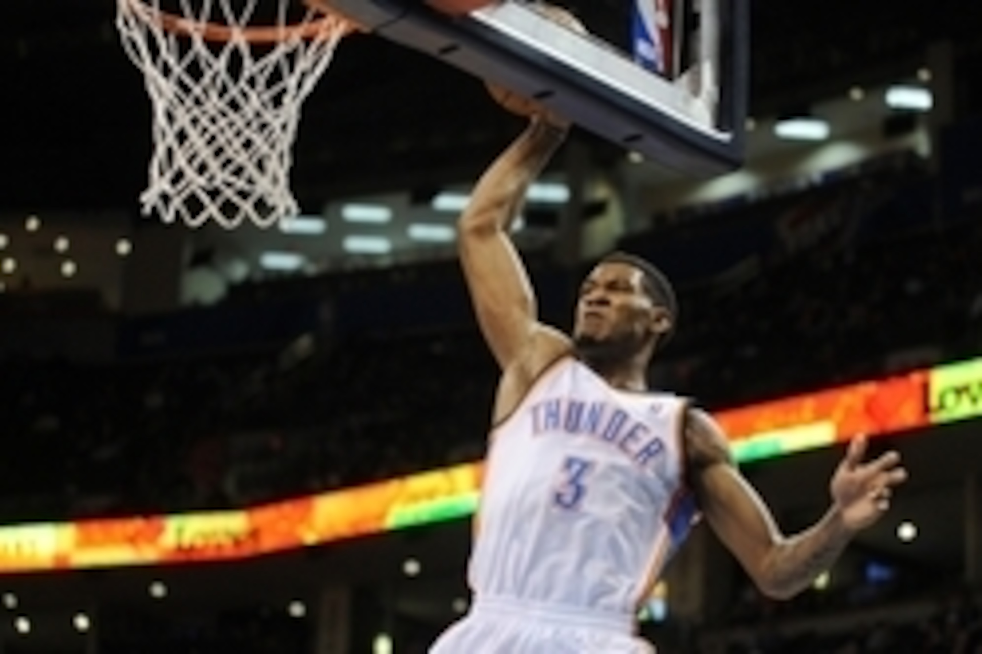 Mar 2, 2014; Oklahoma City, OK, USA; Oklahoma City Thunder small forward Perry Jones (3) dunks the ball against the Charlotte Bobcats during the third quarter at Chesapeake Energy Arena. Mandatory Credit: Mark D. Smith-USA TODAY Sports Mar 2, 2014; Oklahoma City, OK, USA; Oklahoma City Thunder small forward Perry Jones (3) dunks the ball against the Charlotte Bobcats during the third quarter at Chesapeake Energy Arena. Mandatory Credit: Mark D. Smith-USA TODAY Sports