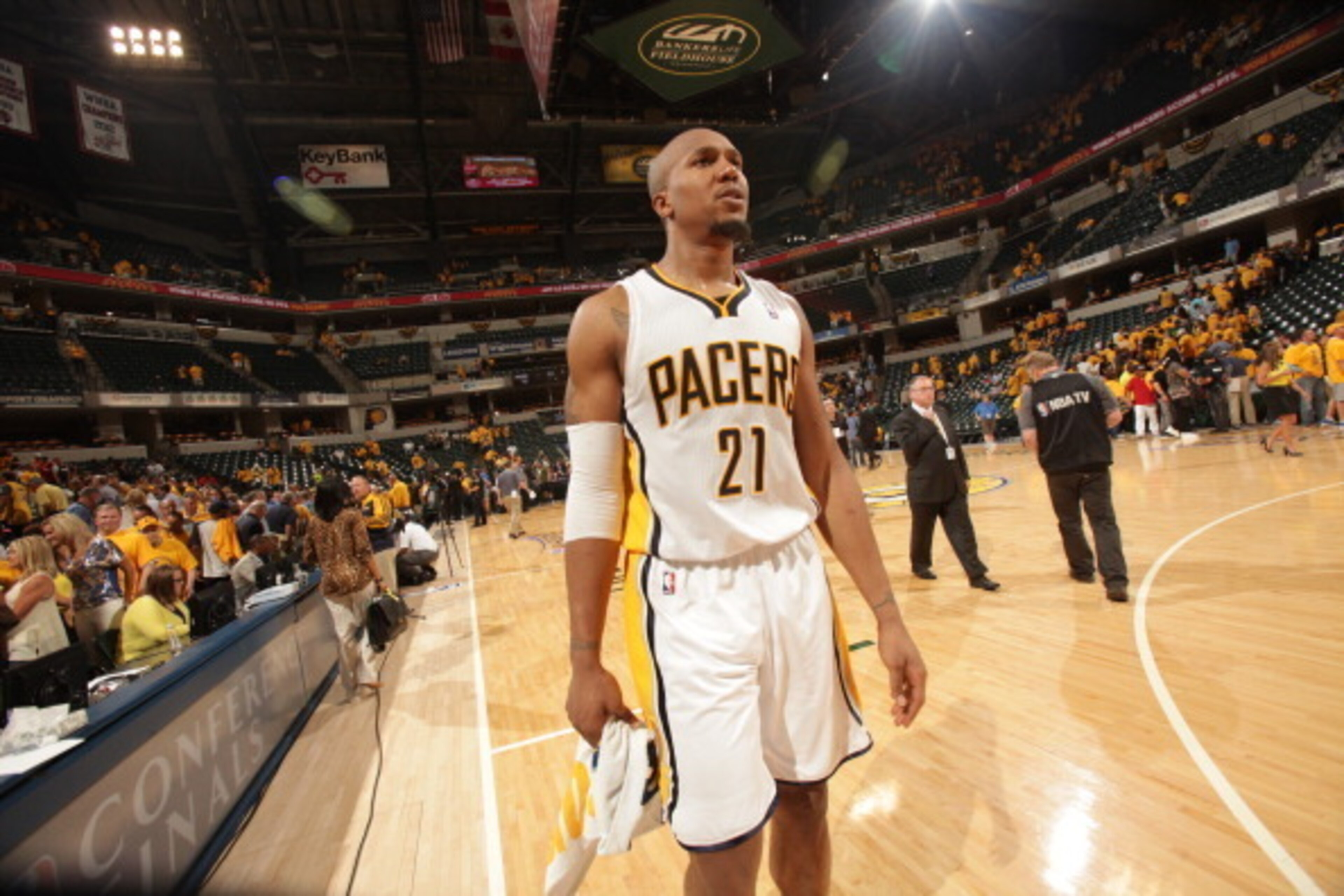 INDIANAPOLIS, IN - MAY 28: David West #21 of the Indiana Pacers leaves the court after Game Five of the Eastern Conference Finals against the Miami Heat during the 2014 NBA Playoffs on May 28, 2014 at Bankers Life Fieldhouse, Indianapolis, IN. NOTE TO USE