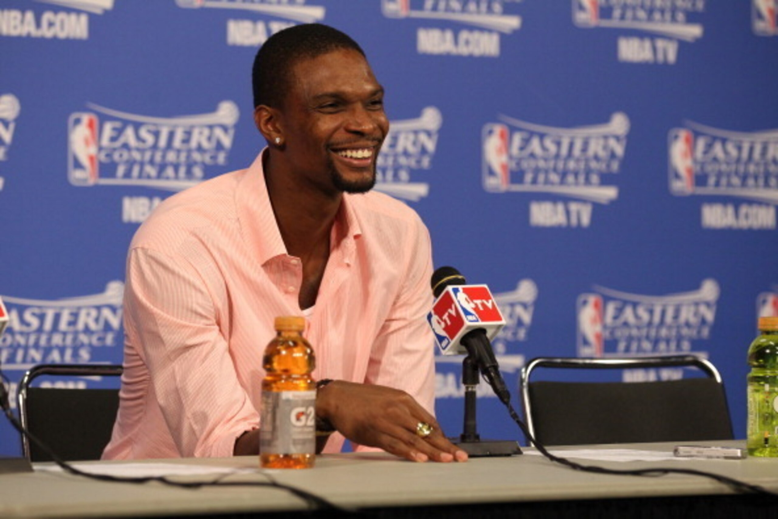 MIAMI, FL - May 26: Chris Bosh #1 of the Miami Heat smiles after Game Four of the Eastern Conference Finals against the Indiana Pacers during the 2014 NBA Playoffs at the American Airlines Arena in Miami, Florida on May 26, 2014. NOTE TO USER: User expres