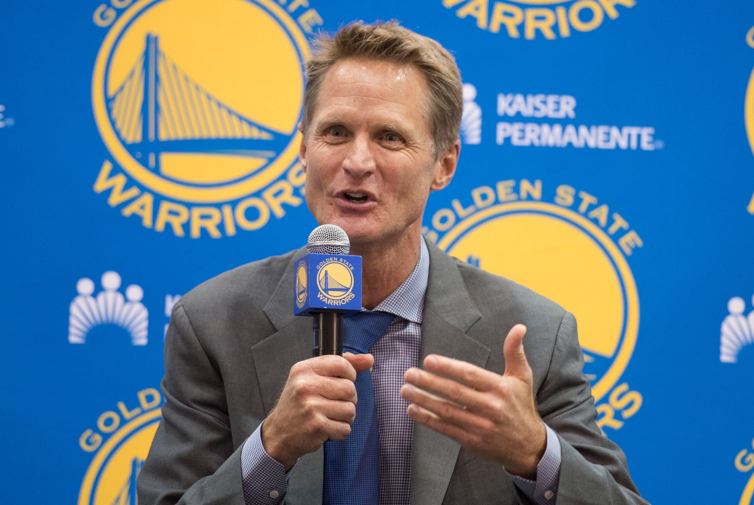 May 20, 2014; Oakland, CA, USA; Steve Kerr addresses the media in a press conference after being introduced as the new head coach for the Golden State Warriors at the Warriors Practice Facility. Mandatory Credit: Kyle Terada-USA TODAY Sports