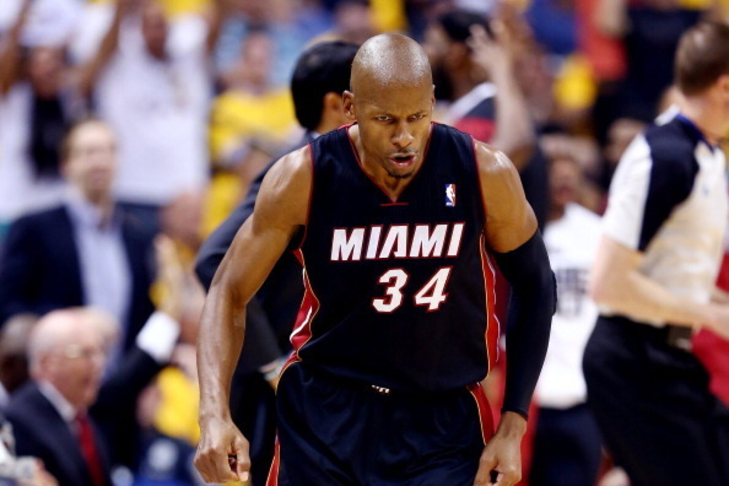 INDIANAPOLIS, IN - MAY 28:  Ray Allen #34 of the Miami Heat reacts after making a three pointer against the Indiana Pacers during Game Five of the Eastern Conference Finals of the 2014 NBA Playoffs at Bankers Life Fieldhouse on May 28, 2014 in Indianapoli