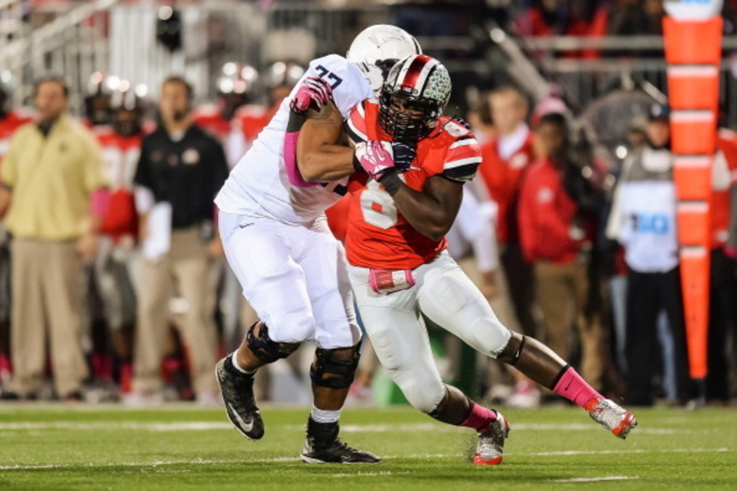 COLUMBUS, OH - OCTOBER 26:  Noah Spence #8 of the Ohio State Buckeyes rushes against the Penn State Nittany Lions at Ohio Stadium on October 26, 2013 in Columbus, Ohio.  (Photo by Jamie Sabau/Getty Images)