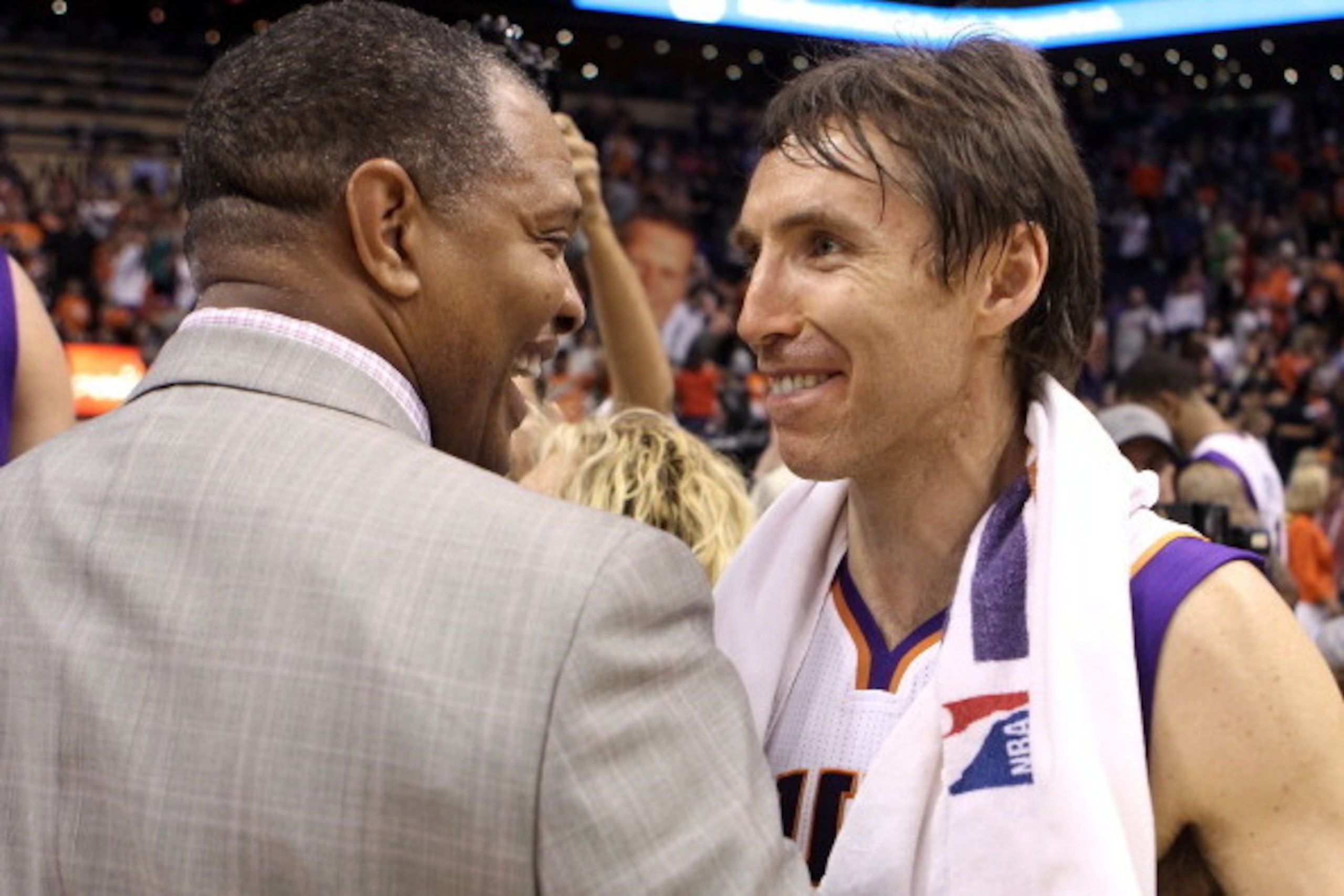 PHOENIX, AZ - APRIL 25:  Steve Nash #13 of the Phoenix Suns talks with head coach Alvin Gentry following the NBA game against the San Antonio Spurs at US Airways Center on April 25, 2012 in Phoenix, Arizona.  The Spurs defeated the Suns 110-106.  NOTE TO 