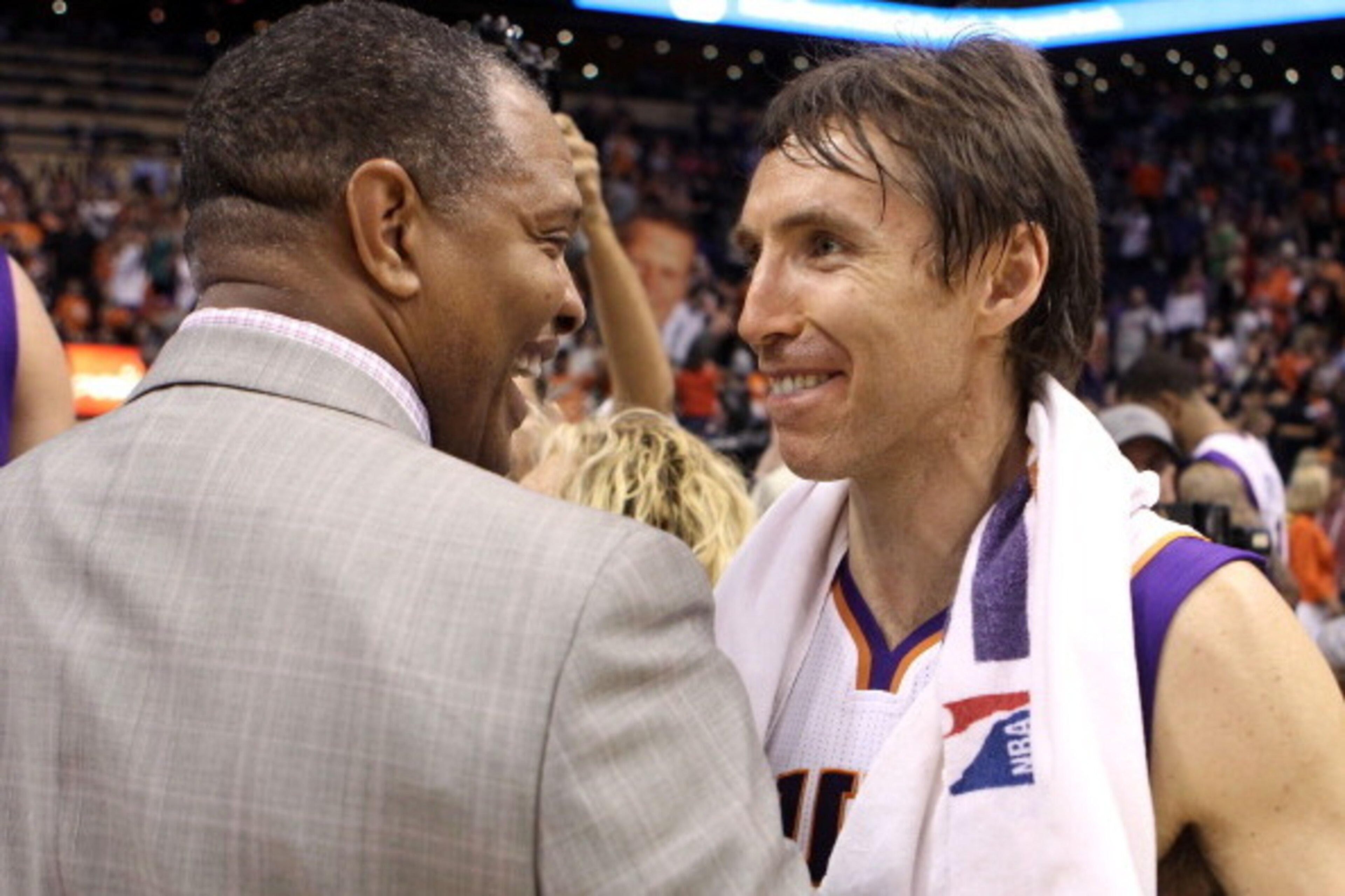 PHOENIX, AZ - APRIL 25:  Steve Nash #13 of the Phoenix Suns talks with head coach Alvin Gentry following the NBA game against the San Antonio Spurs at US Airways Center on April 25, 2012 in Phoenix, Arizona.  The Spurs defeated the Suns 110-106.  NOTE TO 