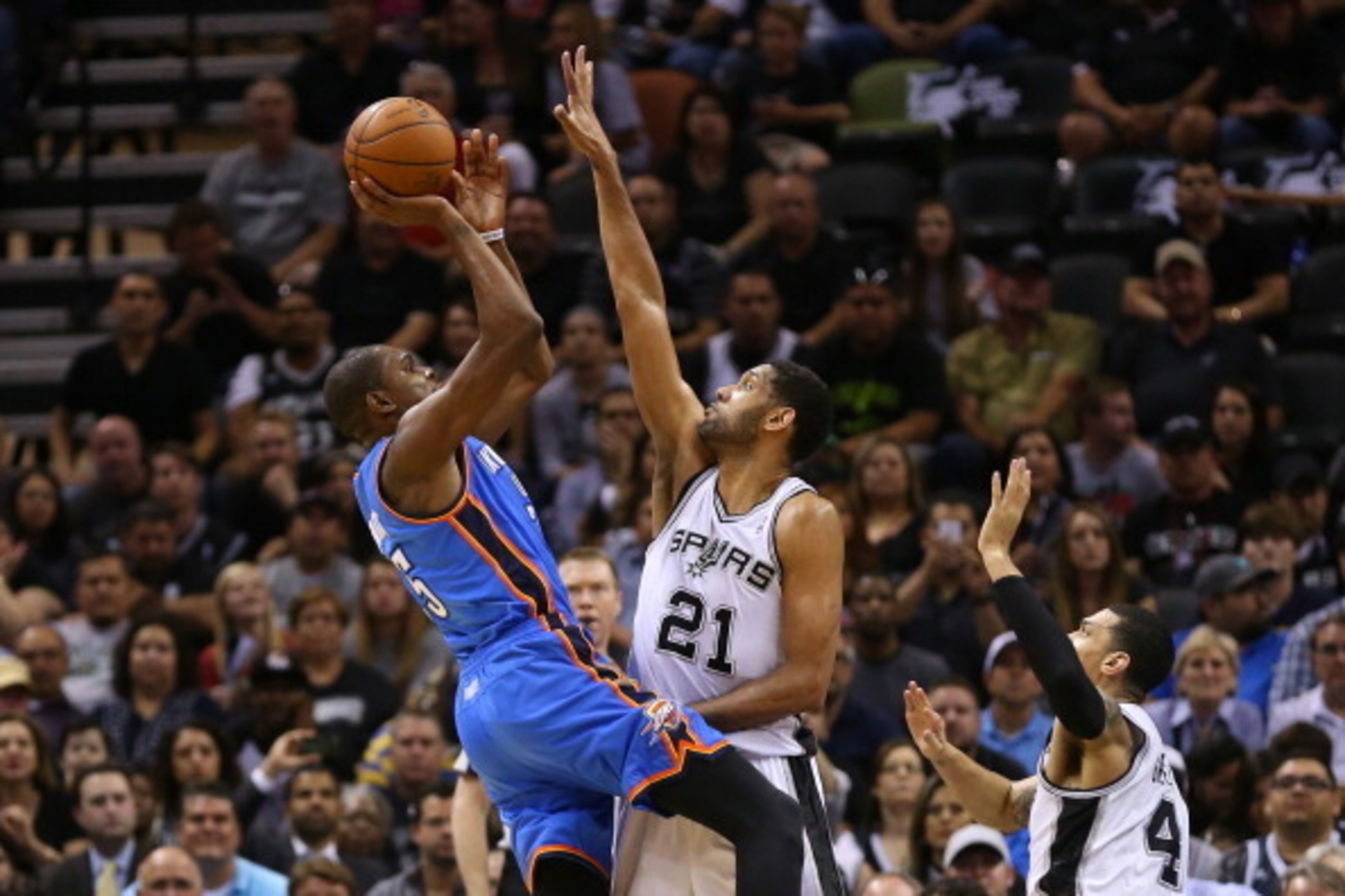 SAN ANTONIO, TX - MAY 21:  Kevin Durant #35 of the Oklahoma City Thunder has his shot blocked by Tim Duncan #21 of the San Antonio Spurs in the first quarter in Game Two of the Western Conference Finals during the 2014 NBA Playoffs at AT&T Center on May 2
