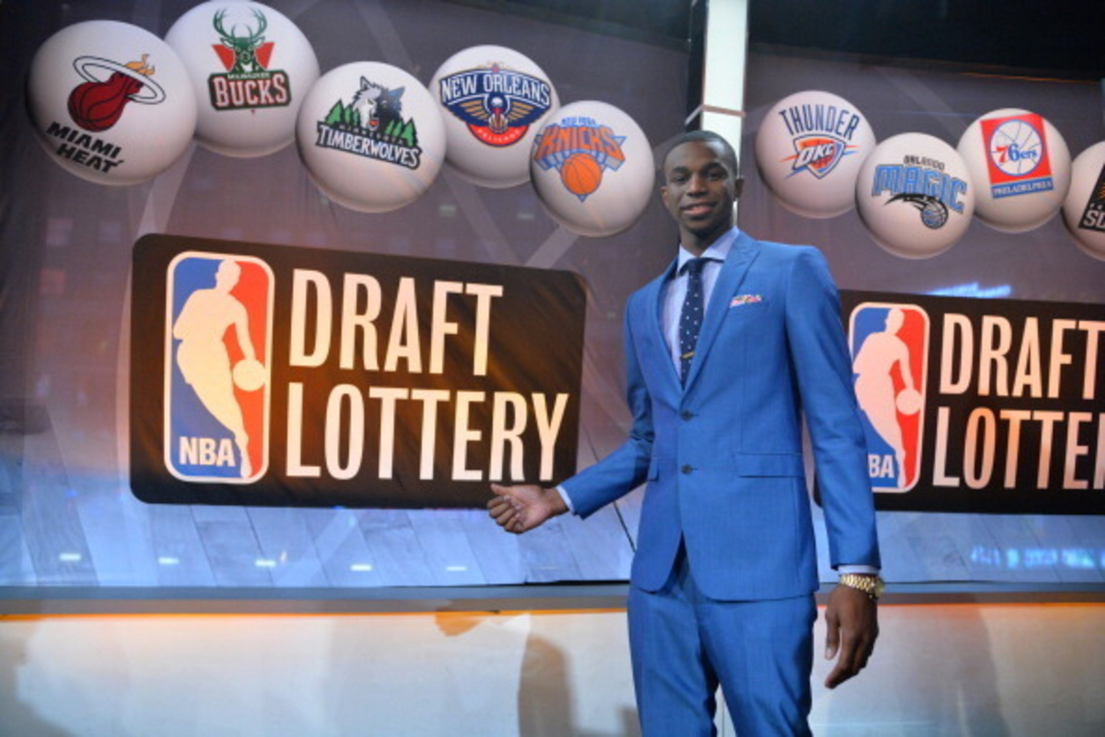 NEW YORK - MAY 20: NBA Draft Prospect Andrew Wiggins poses for a photo during to the 2014 NBA Draft Lottery on May 20, 2014 at the ABC News' 'Good Morning America' Times Square Studio in New York City.  NOTE TO USER: User expressly acknowledges and agrees