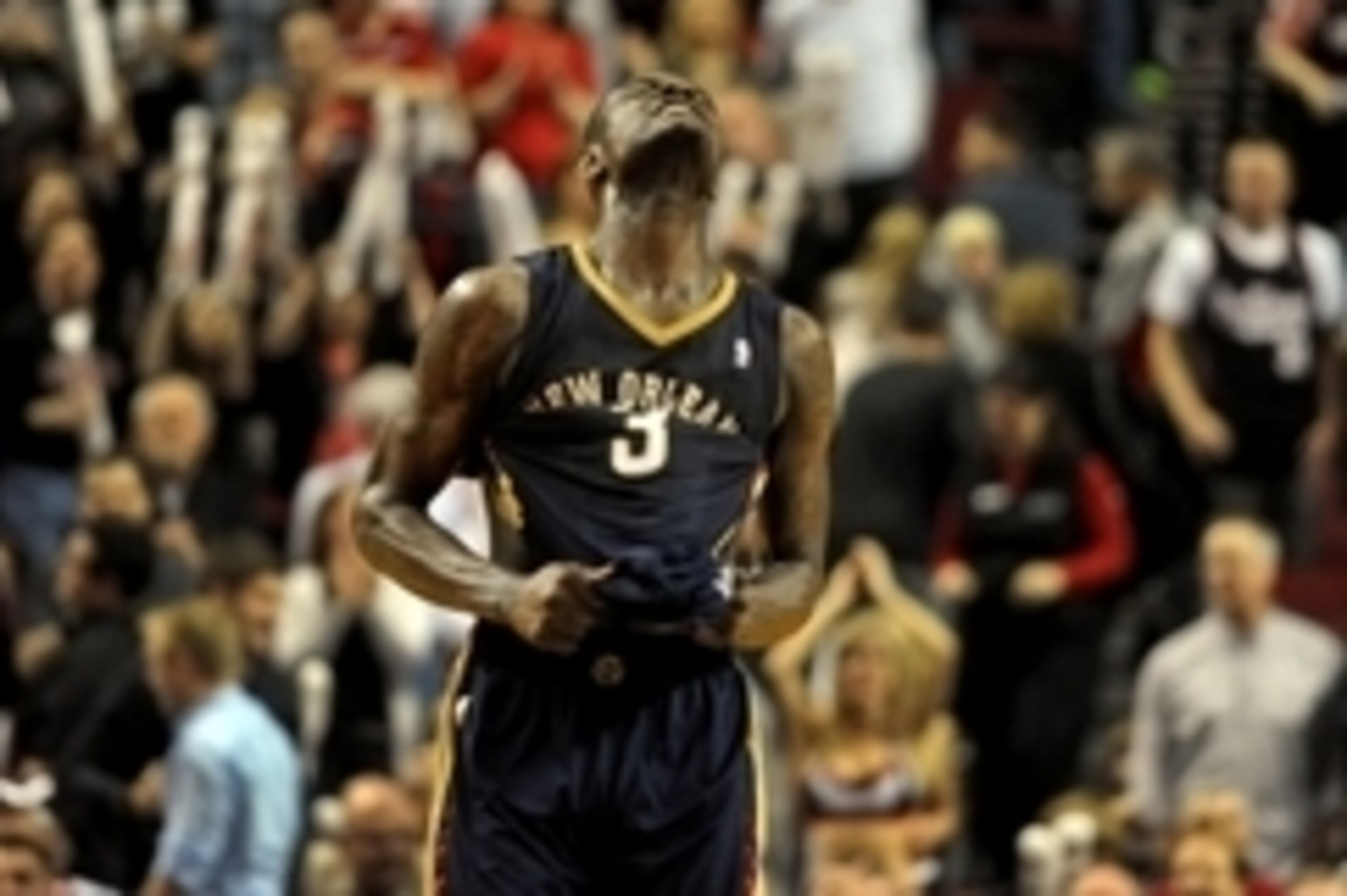 Apr 6, 2014; Portland, OR, USA; New Orleans Pelicans guard Anthony Morrow (3) reacts after missing a shot late during the fourth quarter of the game against the Portland Trail Blazers at the Moda Center. The Blazers won the game 100-94. Mandatory Credit: 
