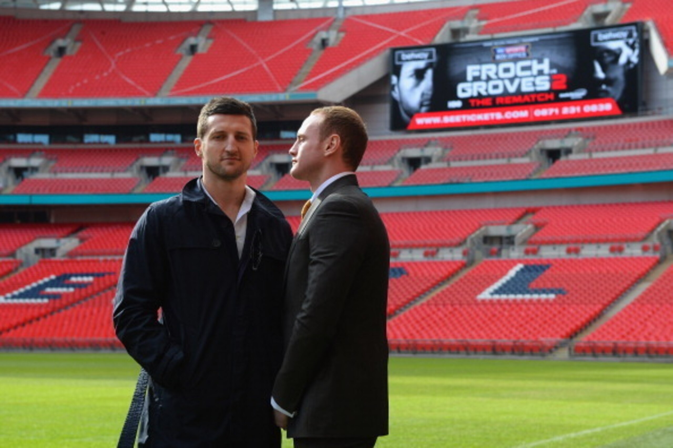 LONDON, ENGLAND - MARCH 10: Carl Froch and George Groves go head to head after a Press Conference at Wembley Stadium on March 10, 2014 in London, England.  (Photo by Laurence Griffiths/Getty Images)