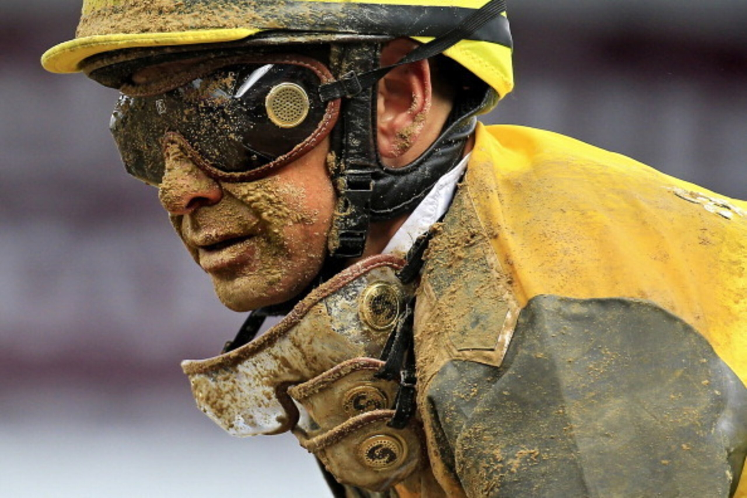 BALTIMORE, MD - MAY 16: Jockey Mike E. Smith looks on after riding Shanon Nicole #3 in the 90th running of the Black-Eyed Susan Stakes at Pimlico Race Course on May 16, 2014 in Baltimore, Maryland. (Photo by Patrick Smith/Getty Images)