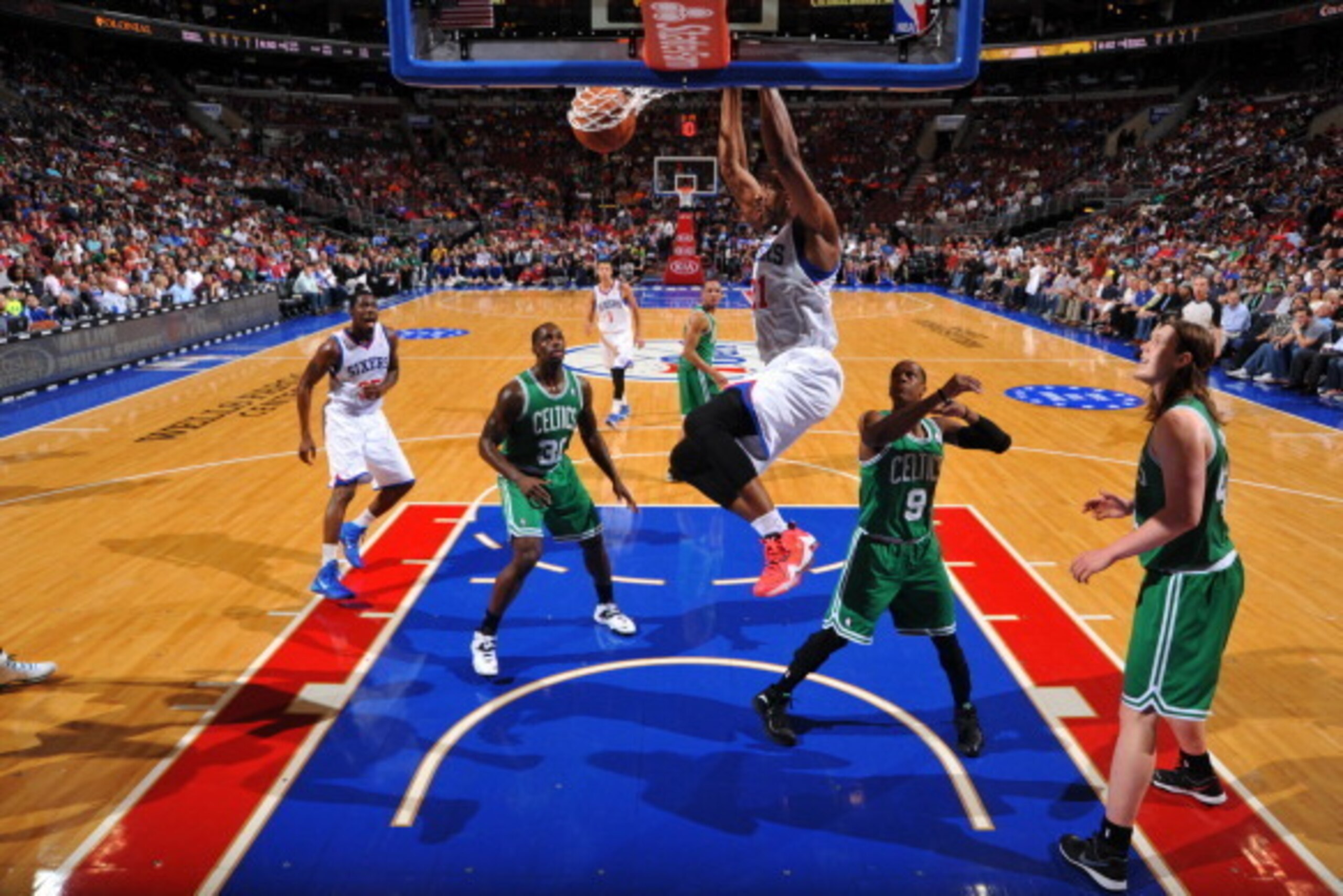 PHILADELPHIA, PA - APRIL 14: Thaddeus Young #21 of the Philadelphia 76ers dunks against the Boston Celtics at the Wells Fargo Center on April 14, 2014 in Philadelphia, Pennsylvania. NOTE TO USER: User expressly acknowledges and agrees that, by downloading