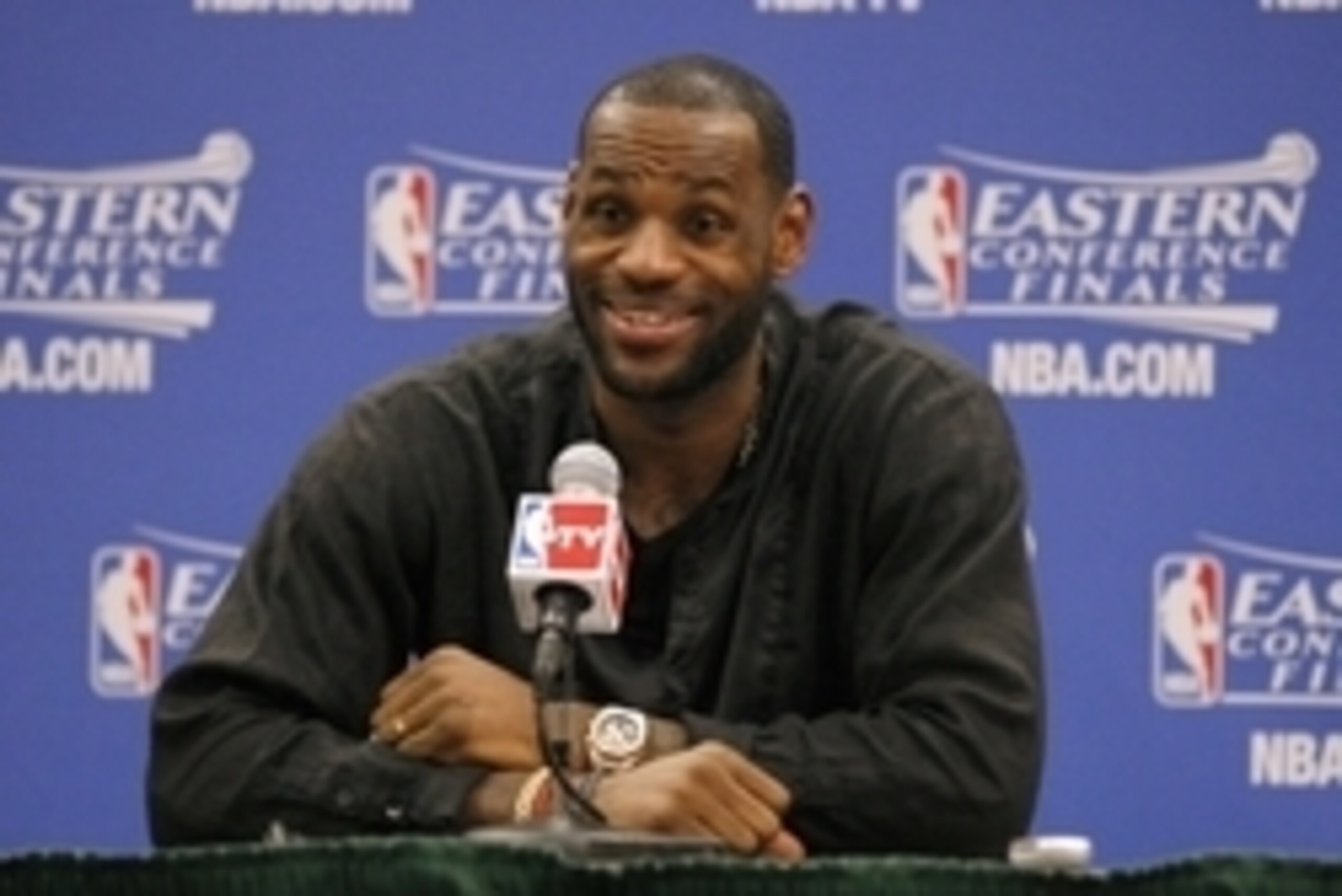 May 28, 2014; Indianapolis, IN, USA; Miami Heat forward LeBron James answers questions during a press conference following game five against the Indiana Pacers of the Eastern Conference Finals of the 2014 NBA Playoffs at Bankers Life Fieldhouse. Indiana d