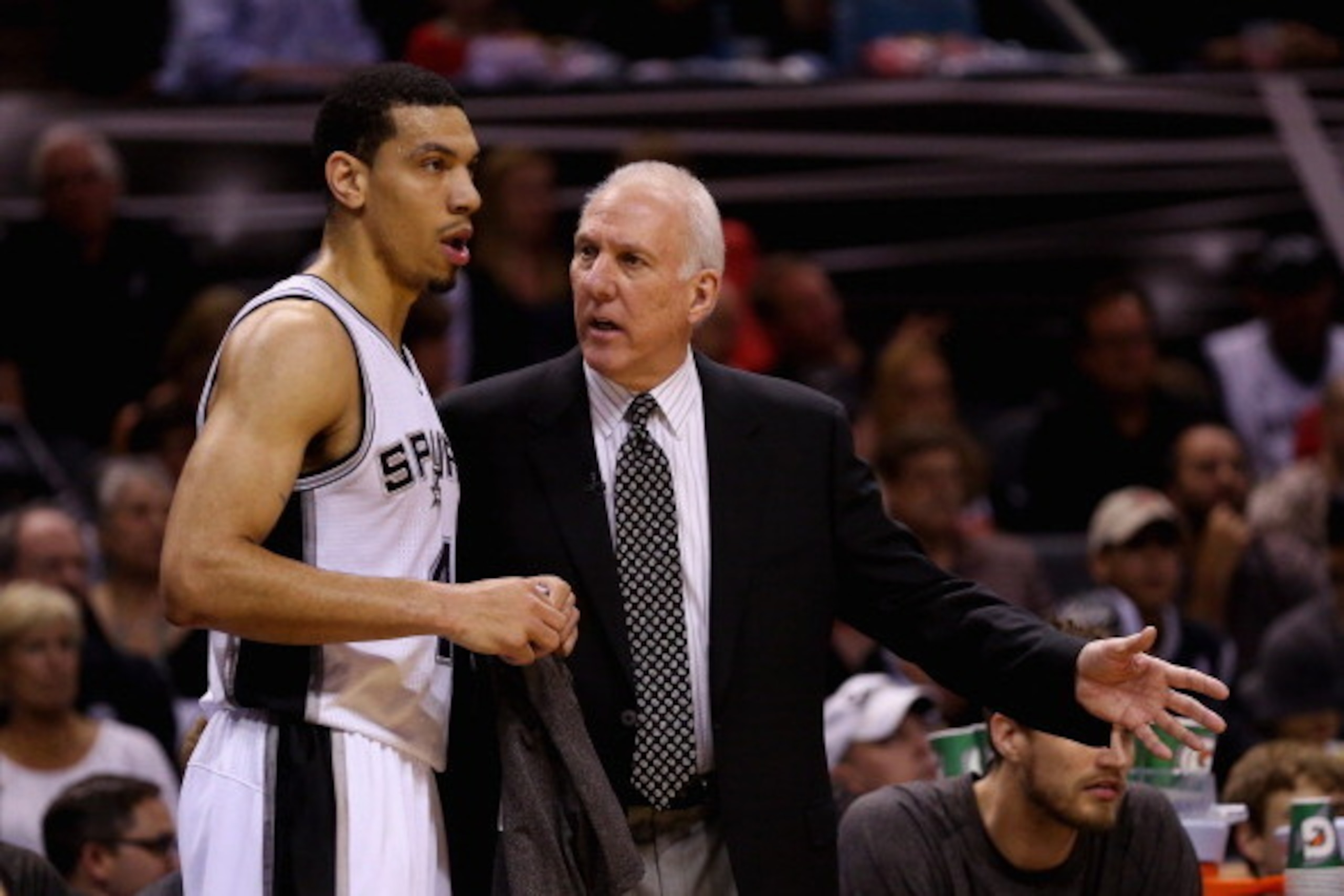 SAN ANTONIO, TX - MAY 29: Head coach Gregg Popovich of the San Antonio Spurs talks to Danny Green #4 in the first quarter against the Oklahoma City Thunder during Game Five of the Western Conference Finals of the 2014 NBA Playoffs at AT&T Center on May 29 SAN ANTONIO, TX - MAY 29: Head coach Gregg Popovich of the San Antonio Spurs talks to Danny Green #4 in the first quarter against the Oklahoma City Thunder during Game Five of the Western Conference Finals of the 2014 NBA Playoffs at AT&T Center on May 29