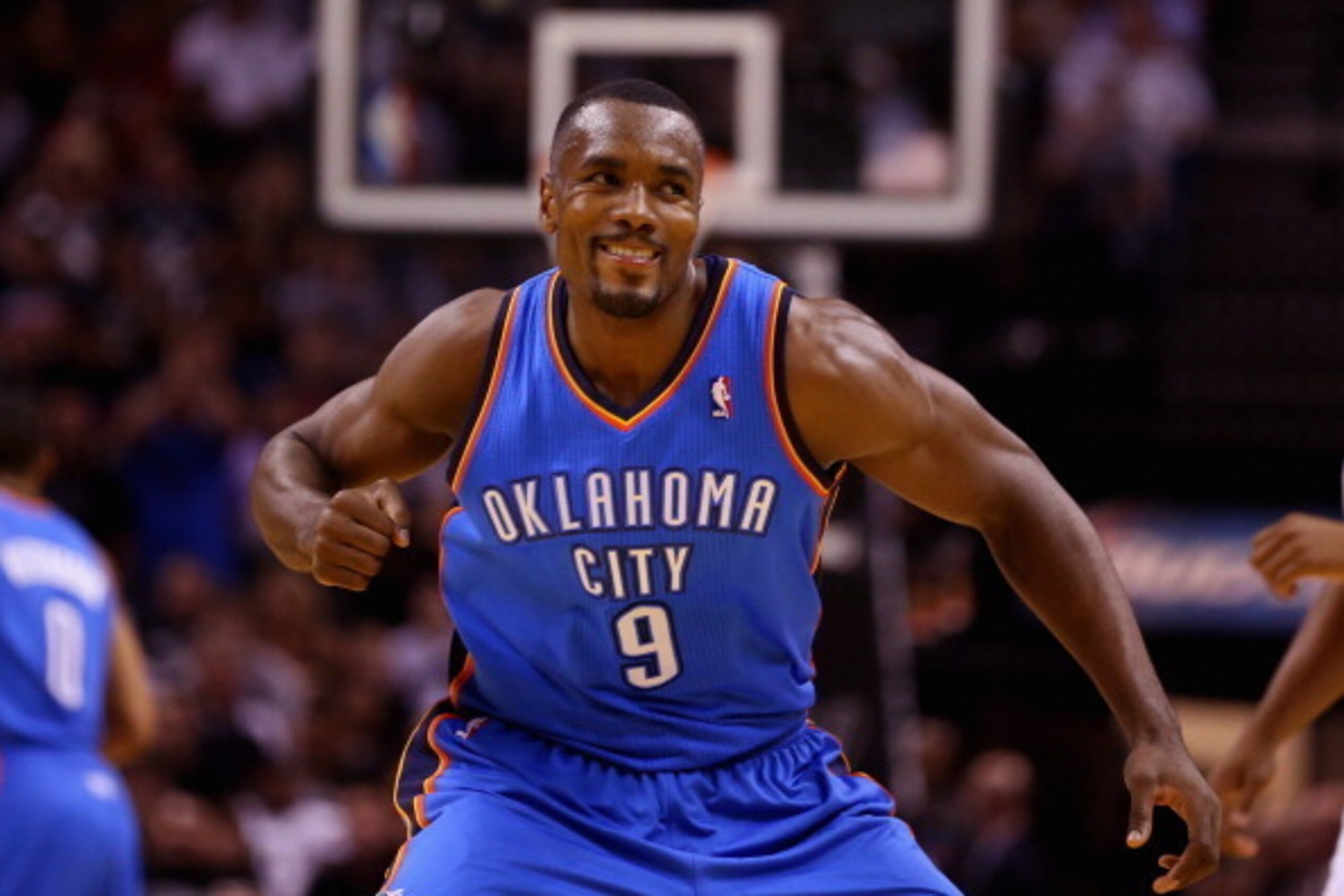 SAN ANTONIO, TX - MAY 29: Serge Ibaka #9 of the Oklahoma City Thunder reacts after a play in the first quarter against the San Antonio Spurs during Game Five of the Western Conference Finals of the 2014 NBA Playoffs at AT&T Center on May 29, 2014 in San A SAN ANTONIO, TX - MAY 29: Serge Ibaka #9 of the Oklahoma City Thunder reacts after a play in the first quarter against the San Antonio Spurs during Game Five of the Western Conference Finals of the 2014 NBA Playoffs at AT&T Center on May 29, 2014 in San A