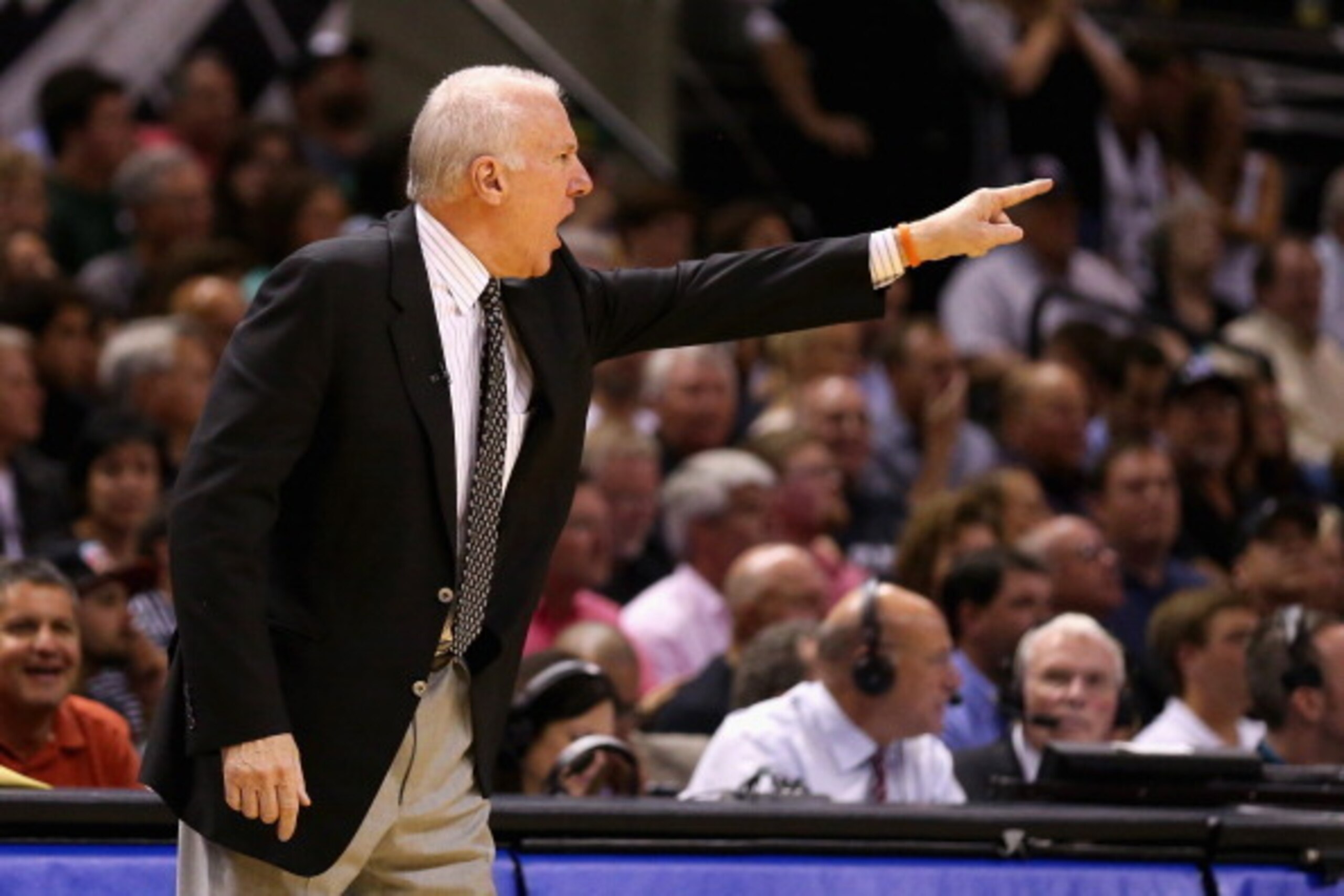 SAN ANTONIO, TX - MAY 29: Head coach Gregg Popovich of the San Antonio Spurs reacts on the sideline in the second quarter against the Oklahoma City Thunder during Game Five of the Western Conference Finals of the 2014 NBA Playoffs at AT&T Center on May 29