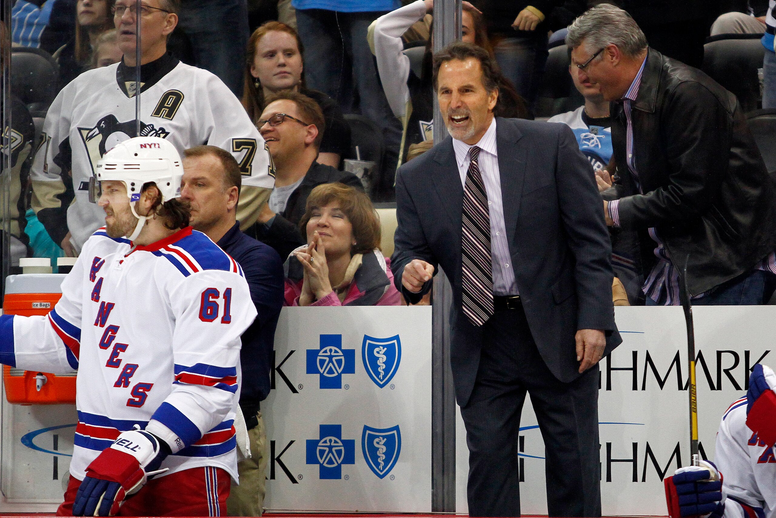 PITTSBURGH, PA - APRIL 05:  Head coach John Tortorella of the New York Rangers yells at the referee during the game against the Pittsburgh Penguins at Consol Energy Center on April 5, 2013 in Pittsburgh, Pennsylvania.  The Penguins defeated the Rangers 2-