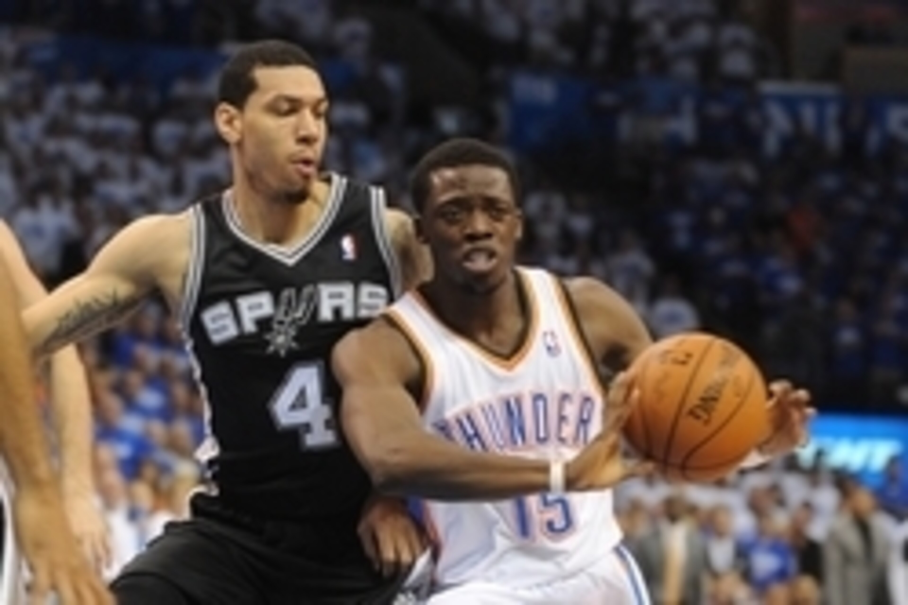 May 27, 2014; Oklahoma City, OK, USA; Oklahoma City Thunder guard Reggie Jackson (15) drives to the basket against San Antonio Spurs guard Danny Green (4) during the first quarter in game four of the Western Conference Finals of the 2014 NBA Playoffs at C May 27, 2014; Oklahoma City, OK, USA; Oklahoma City Thunder guard Reggie Jackson (15) drives to the basket against San Antonio Spurs guard Danny Green (4) during the first quarter in game four of the Western Conference Finals of the 2014 NBA Playoffs at C