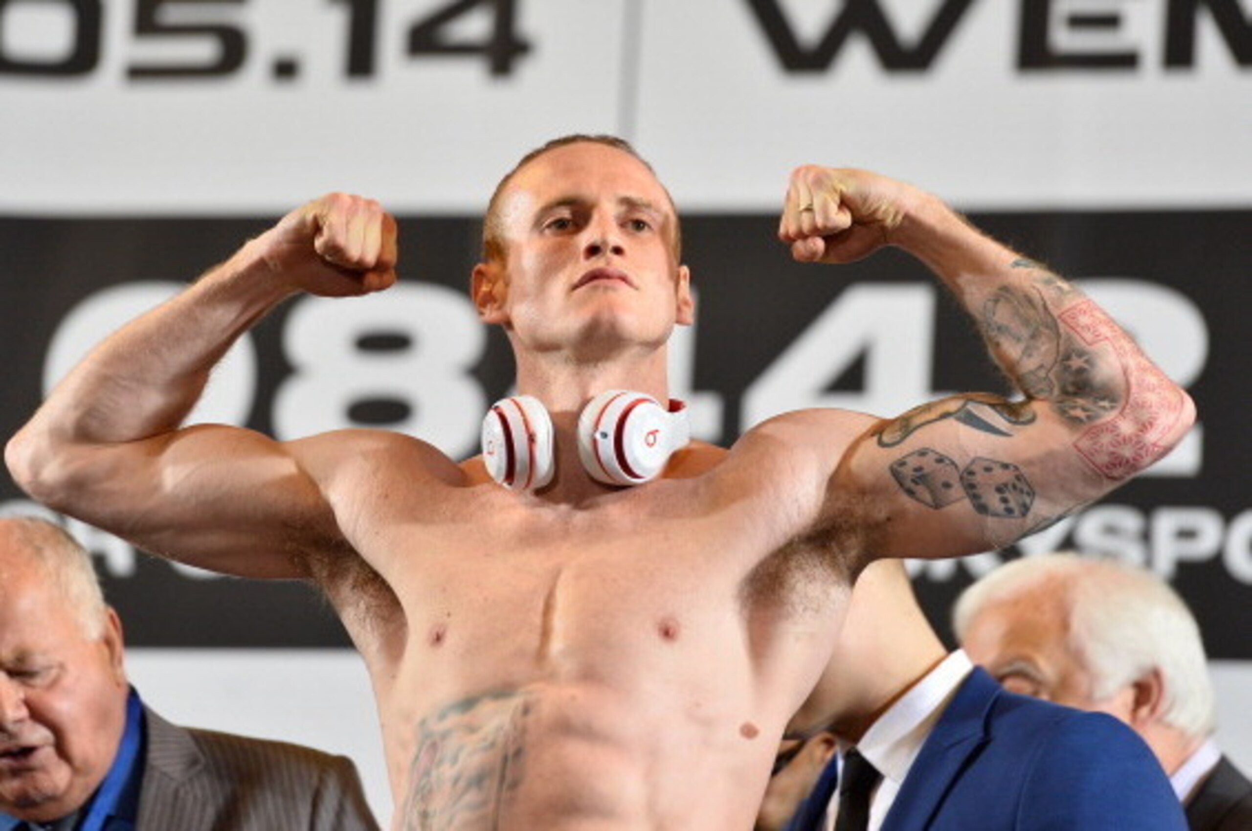 LONDON, ENGLAND - MAY 30:  George Groves steps on the scales at the Carl Froch v George Groves - Weigh-In at Wembley Arena on May 30, 2014 in London, England. The WBA & IBF Super Middleweight World Championship fight between Carl Froch and George Groves t
