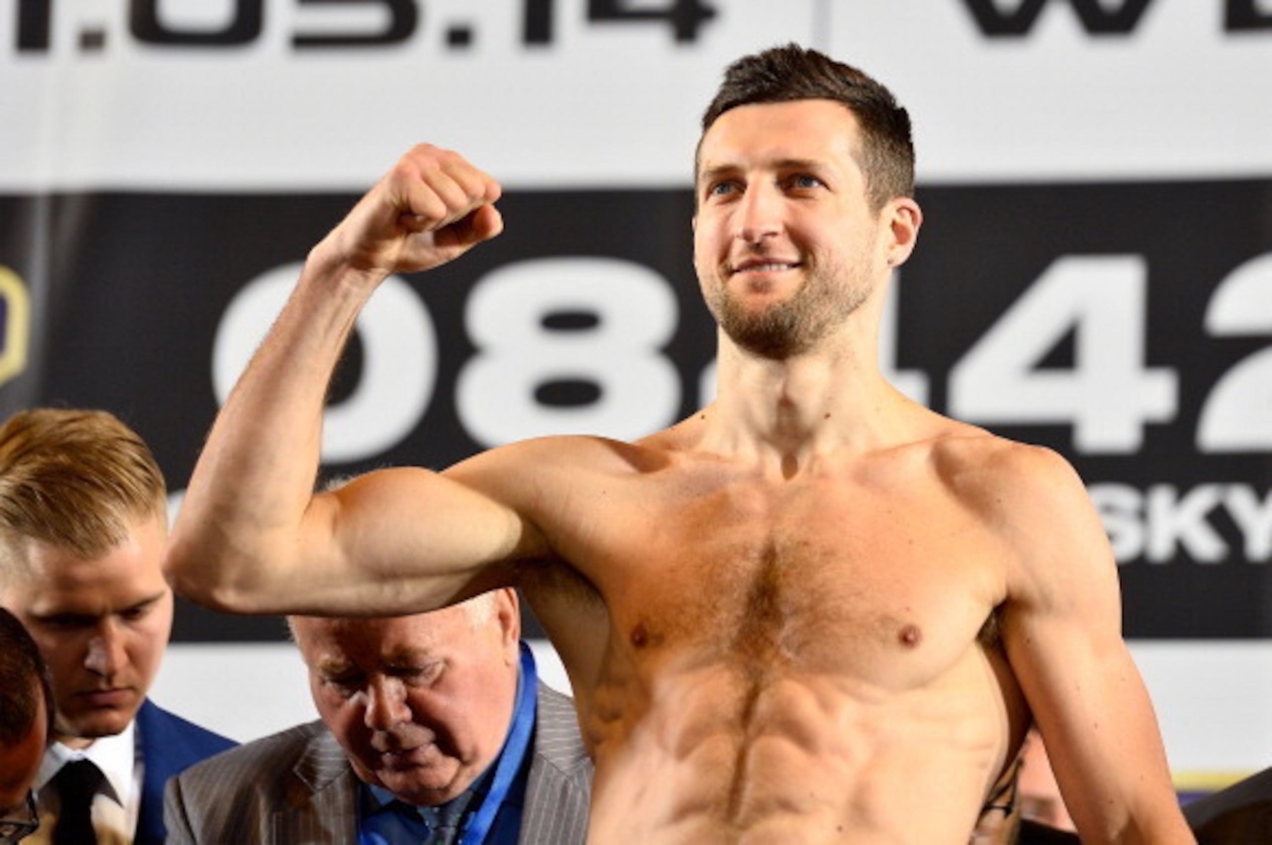 LONDON, ENGLAND - MAY 30:  Carl Froch steps on the scales at the Carl Froch v George Groves - Weigh-In at Wembley Arena on May 30, 2014 in London, England. The WBA & IBF Super Middleweight World Championship fight between Carl Froch and George Groves take