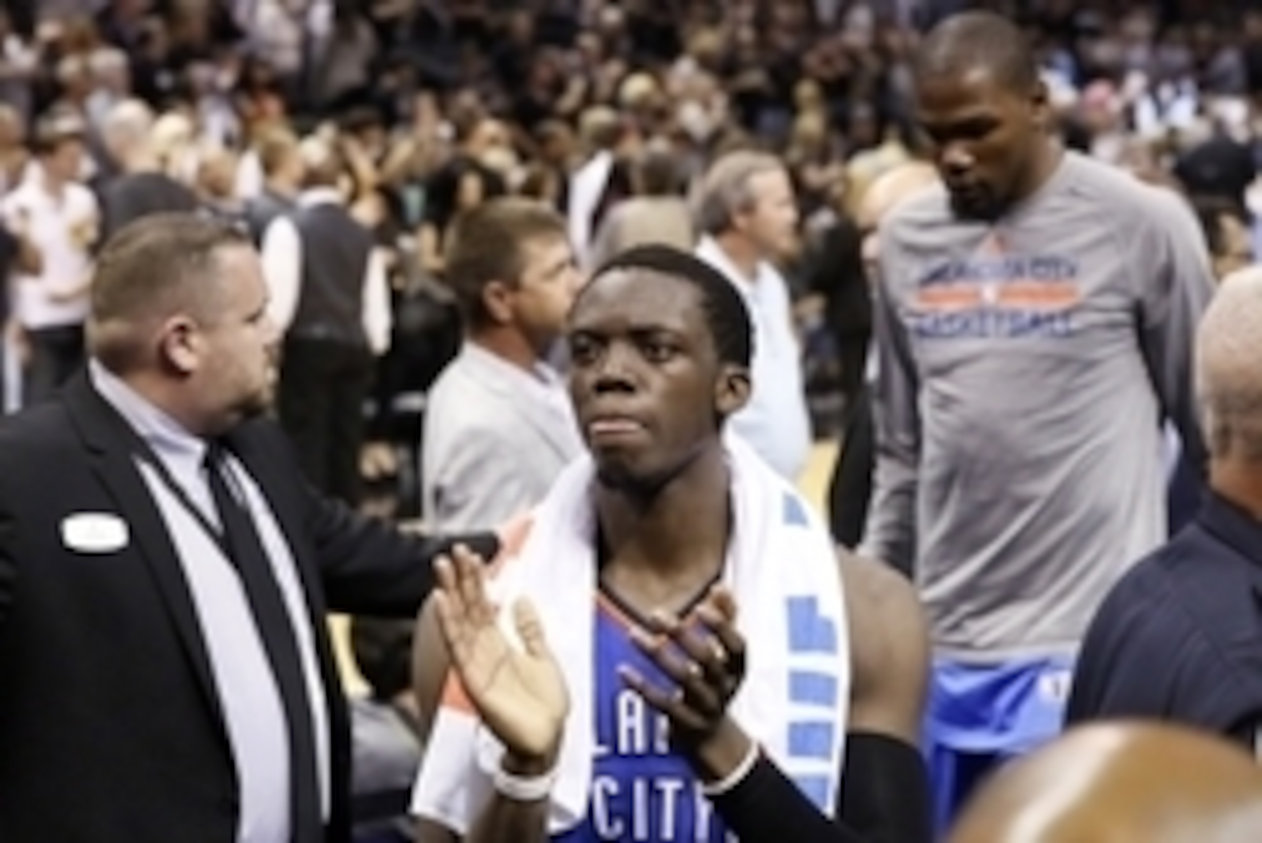 May 21, 2014; San Antonio, TX, USA; Oklahoma City Thunder guard Reggie Jackson (15) walks off the court after the game against the San Antonio Spurs in game two of the Western Conference Finals of the 2014 NBA Playoffs at AT&T Center. The Spurs won 112-77