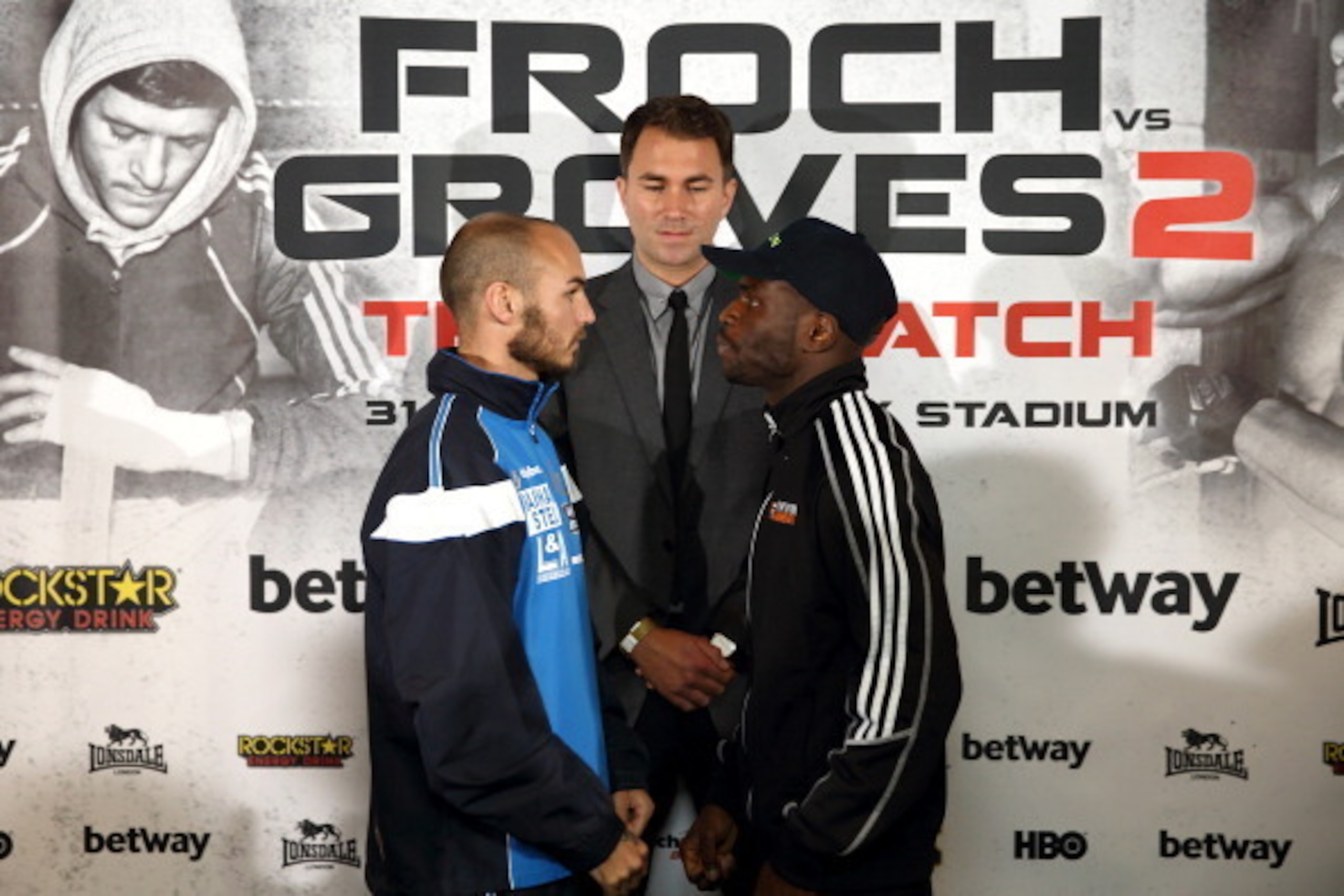 LONDON, ENGLAND - MAY 28:  Kevin Mitchell and Ghislain Maduma go head to head during a press conference to announce the upcoming Final Eliminator for the IBF Super Middleweight Championship between James DeGale and Brandon Gonzales at Wembley Stadium on M