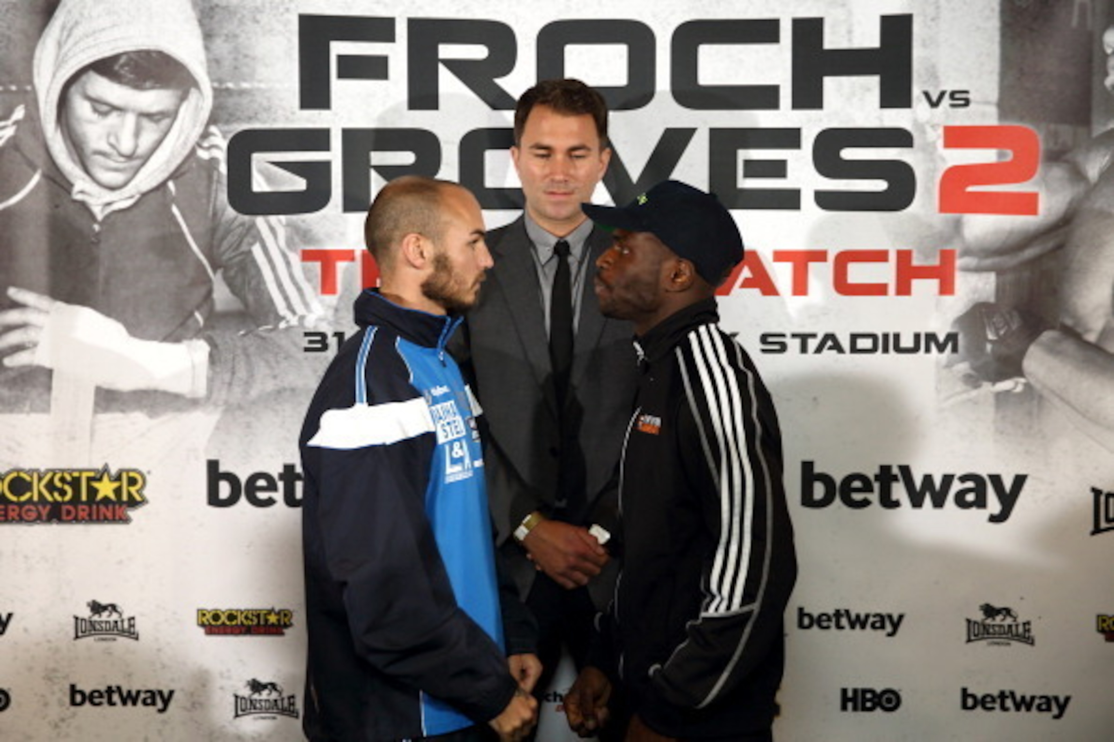 LONDON, ENGLAND - MAY 28:  Kevin Mitchell and Ghislain Maduma go head to head during a press conference to announce the upcoming Final Eliminator for the IBF Super Middleweight Championship between James DeGale and Brandon Gonzales at Wembley Stadium on M