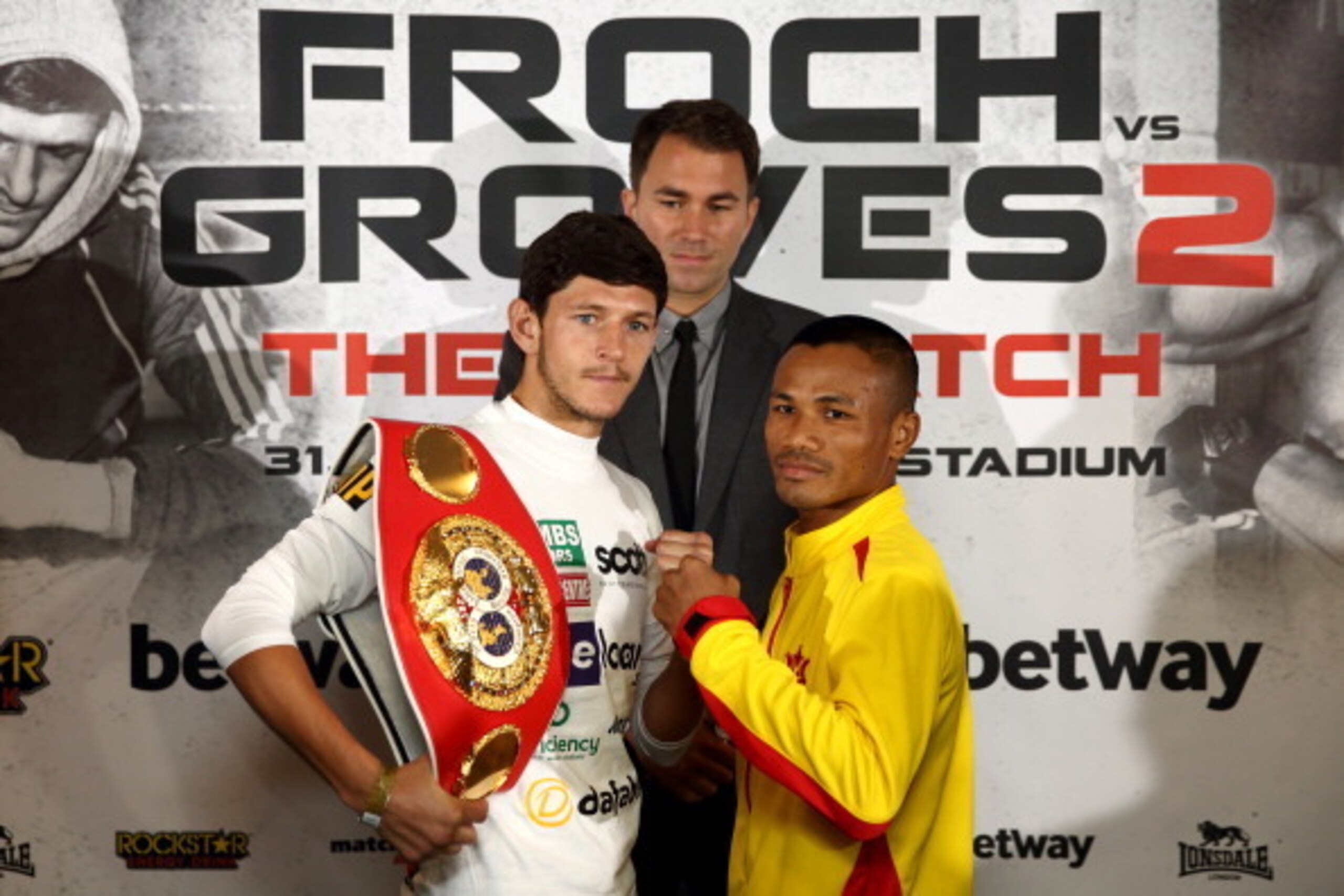LONDON, ENGLAND - MAY 28:  Jamie McDonnell and Tabtimdaeng Na Rachawat go head to head during a press conference to announce the upcoming Final Eliminator for the IBF Super Middleweight Championship between James DeGale and Brandon Gonzales at Wembley Sta