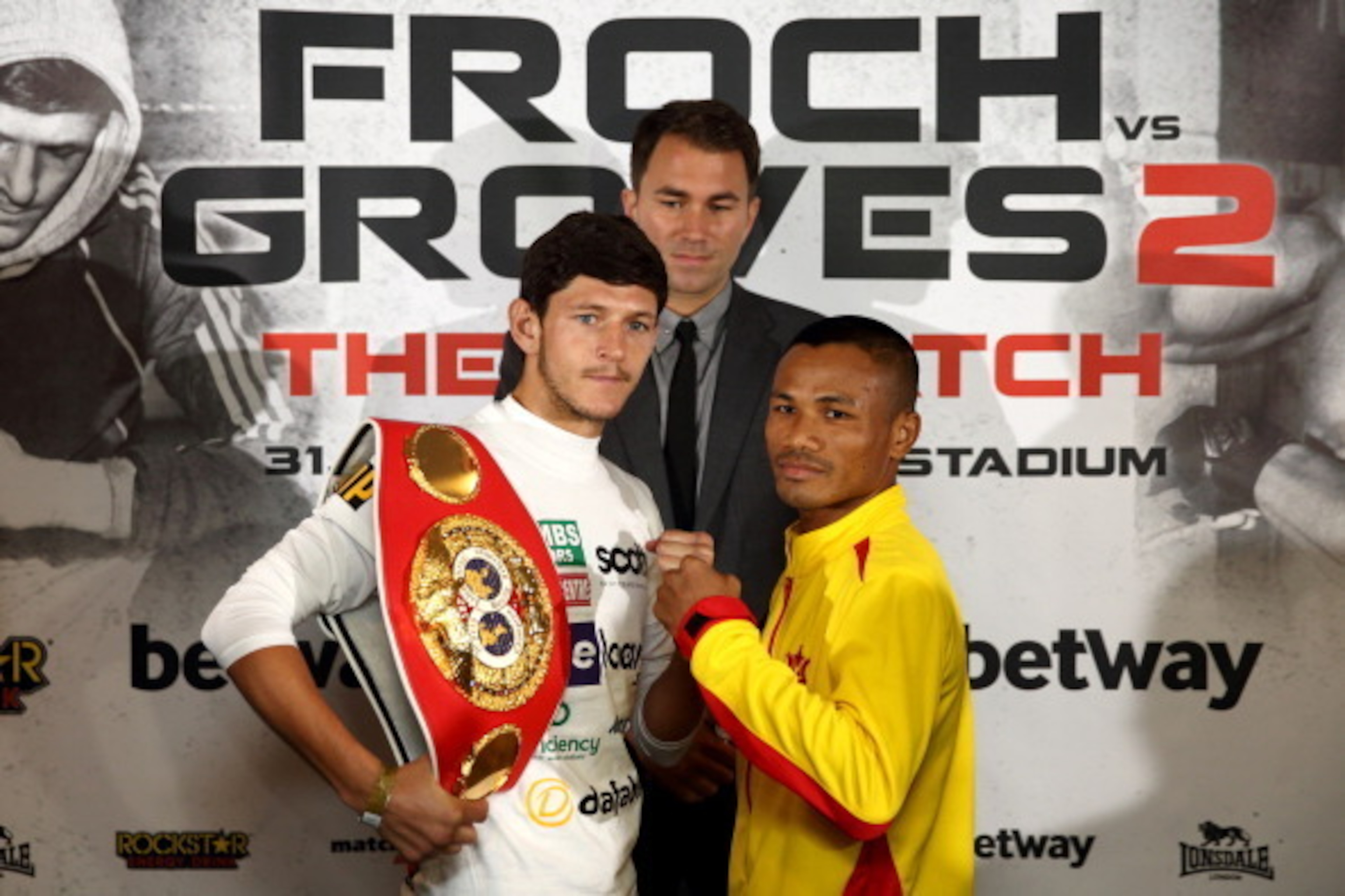 LONDON, ENGLAND - MAY 28:  Jamie McDonnell and Tabtimdaeng Na Rachawat go head to head during a press conference to announce the upcoming Final Eliminator for the IBF Super Middleweight Championship between James DeGale and Brandon Gonzales at Wembley Sta