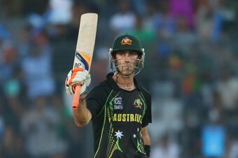 DHAKA, BANGLADESH - MARCH 23:  Glenn Maxwell of Australia celebrates reacing his fifty during the ICC World Twenty20 Bangladesh 2014 match between Australia and Pakistan at Sher-e-Bangla Mirpur Stadium on March 23, 2014 in Dhaka, Bangladesh.  (Photo by Sc