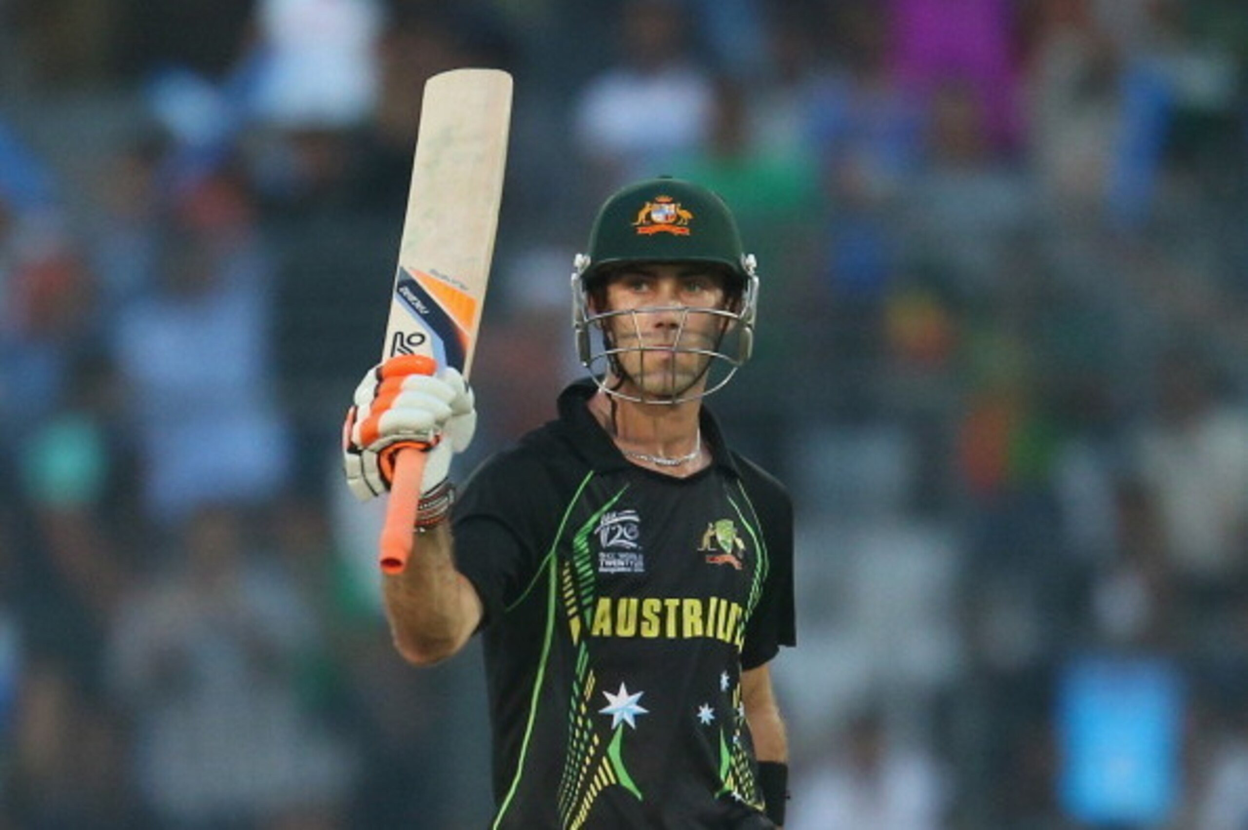 DHAKA, BANGLADESH - MARCH 23: Glenn Maxwell of Australia celebrates reacing his fifty during the ICC World Twenty20 Bangladesh 2014 match between Australia and Pakistan at Sher-e-Bangla Mirpur Stadium on March 23, 2014 in Dhaka, Bangladesh. (Photo by Sc DHAKA, BANGLADESH - MARCH 23: Glenn Maxwell of Australia celebrates reacing his fifty during the ICC World Twenty20 Bangladesh 2014 match between Australia and Pakistan at Sher-e-Bangla Mirpur Stadium on March 23, 2014 in Dhaka, Bangladesh. (Photo by Sc