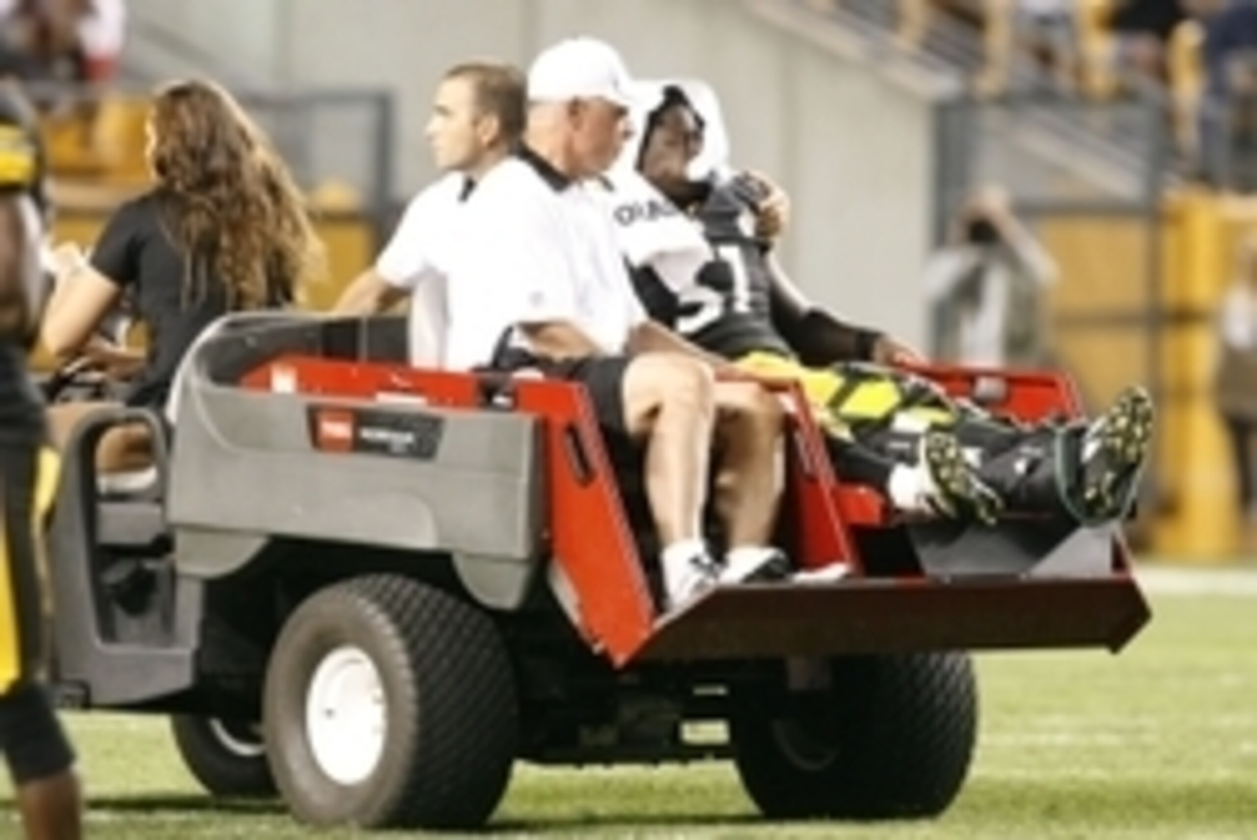August 30, 2012; Pittsburgh, PA, USA; Pittsburgh Steelers linebacker Sean Spence (51) is removed from the field on a cart after suffering an injury against the Carolina Panthers during the third quarter at Heinz Field. The Pittsburgh Steelers won 17-16. M