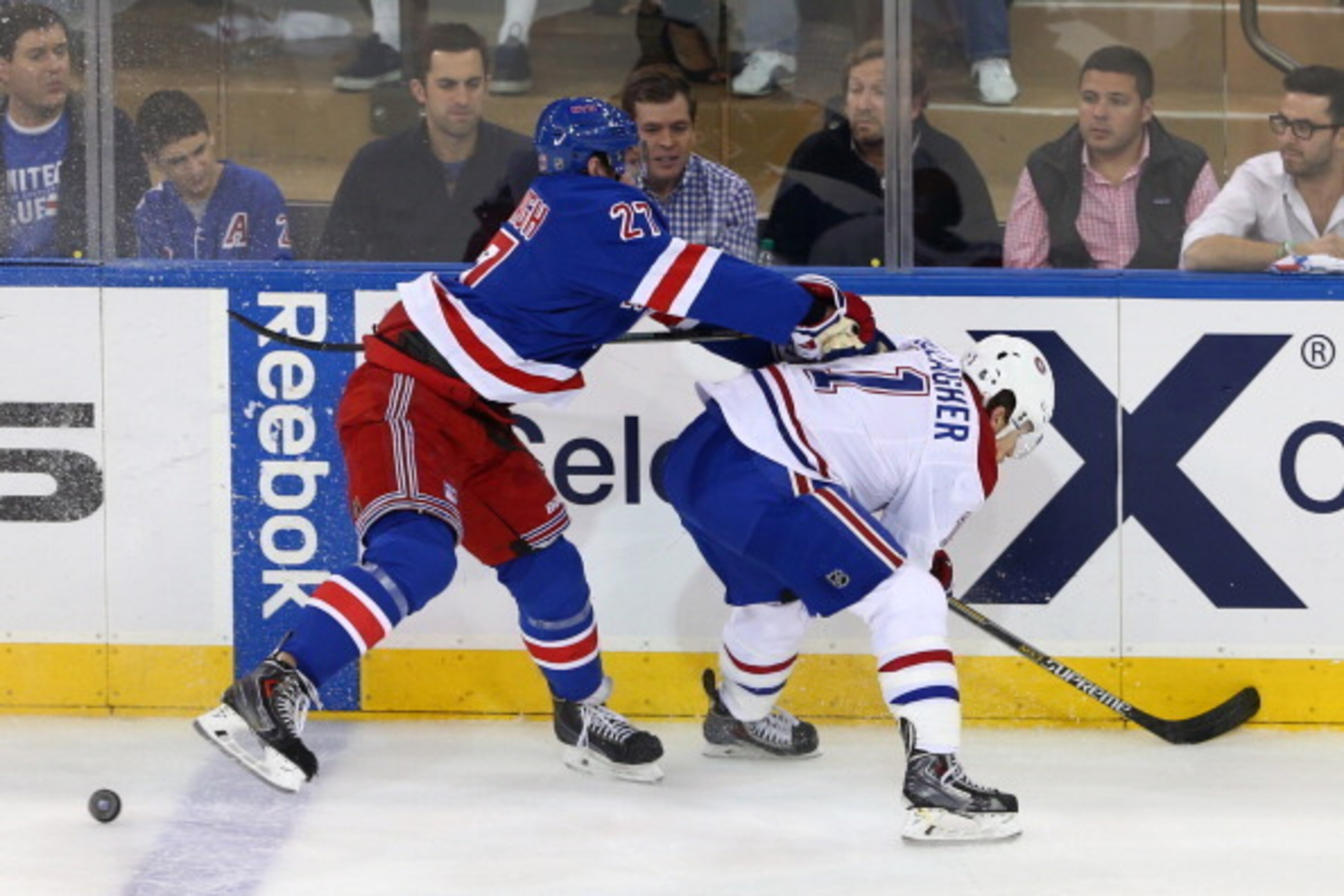 NEW YORK, NY - MAY 29: Ryan McDonagh #27 of the New York Rangers knocks Brendan Gallagher #11 of the Montreal Canadiens off the puck during Game Six of the Eastern Conference Final in the 2014 NHL Stanley Cup Playoffs at Madison Square Garden on May 29, 2 NEW YORK, NY - MAY 29: Ryan McDonagh #27 of the New York Rangers knocks Brendan Gallagher #11 of the Montreal Canadiens off the puck during Game Six of the Eastern Conference Final in the 2014 NHL Stanley Cup Playoffs at Madison Square Garden on May 29, 2