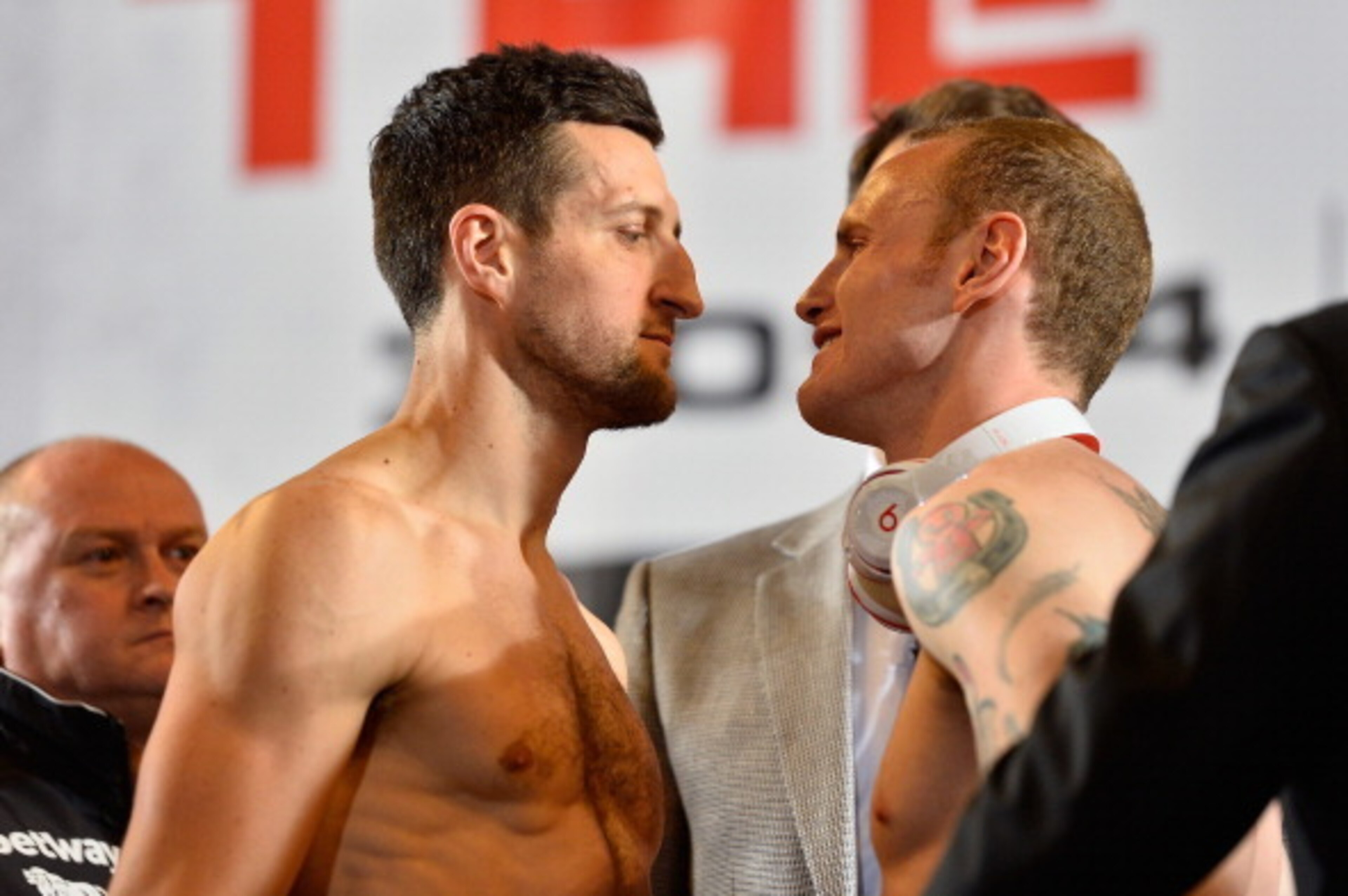 LONDON, ENGLAND - MAY 30: Carl Froch and George Groves square up at the Carl Froch v George Groves - Weigh-In at Wembley Arena on May 30, 2014 in London, England. The WBA & IBF Super Middleweight World Championship fight between Carl Froch and George Gro LONDON, ENGLAND - MAY 30: Carl Froch and George Groves square up at the Carl Froch v George Groves - Weigh-In at Wembley Arena on May 30, 2014 in London, England. The WBA & IBF Super Middleweight World Championship fight between Carl Froch and George Gro