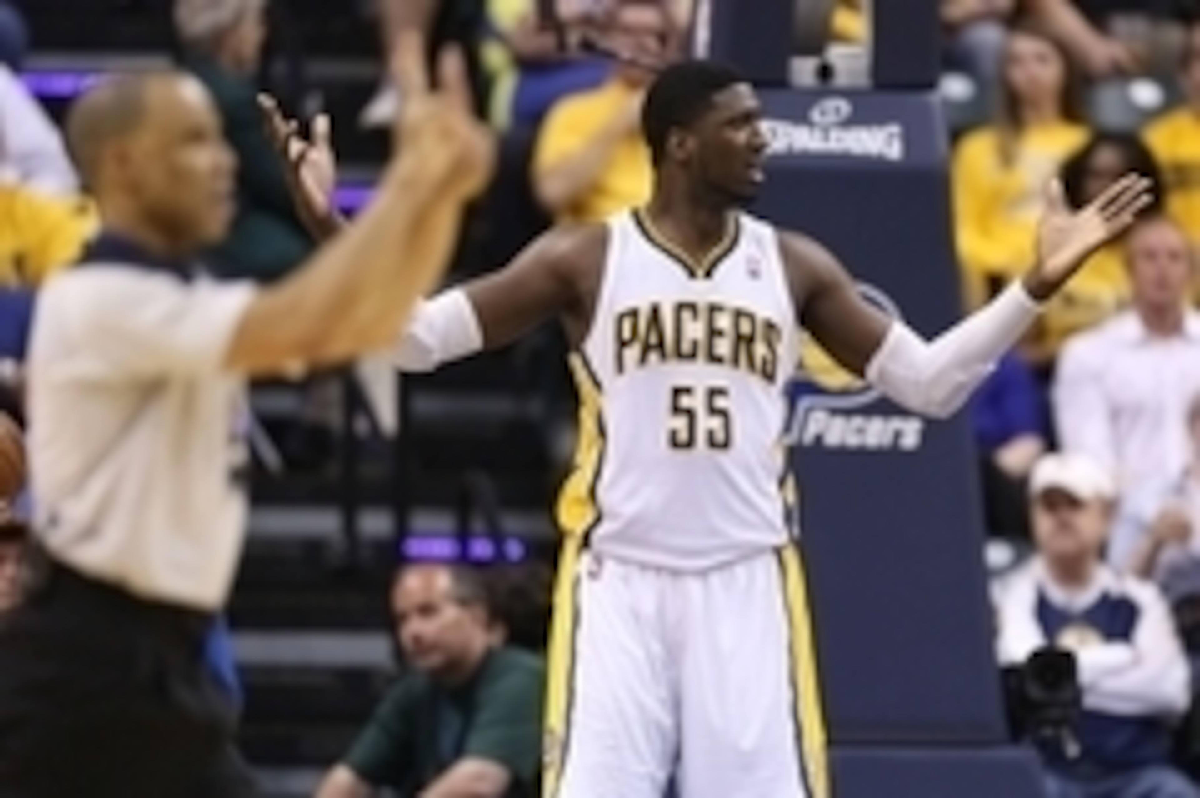 May 13, 2014; Indianapolis, IN, USA;  Indiana Pacers center Roy Hibbert (55) reacts to a foul call in a game  against the Washington Wizards guard Bradley Beal (3) at Bankers Life Fieldhouse. Washington defeats Indiana 102-79. Mandatory Credit: Brian Spur