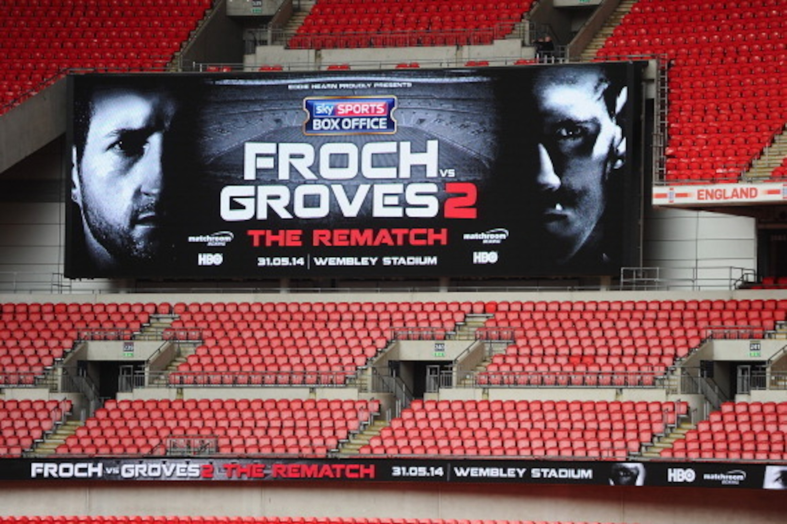 LONDON, ENGLAND - MARCH 04: Wembley Stadium's big screen displays the Froch v Groves 2 logo during the announcement that Wembley Stadium will stage the rematch between Carl Froch and George Groves on May 31 at Wembley Stadium on March 4, 2014 in London, LONDON, ENGLAND - MARCH 04: Wembley Stadium's big screen displays the Froch v Groves 2 logo during the announcement that Wembley Stadium will stage the rematch between Carl Froch and George Groves on May 31 at Wembley Stadium on March 4, 2014 in London,
