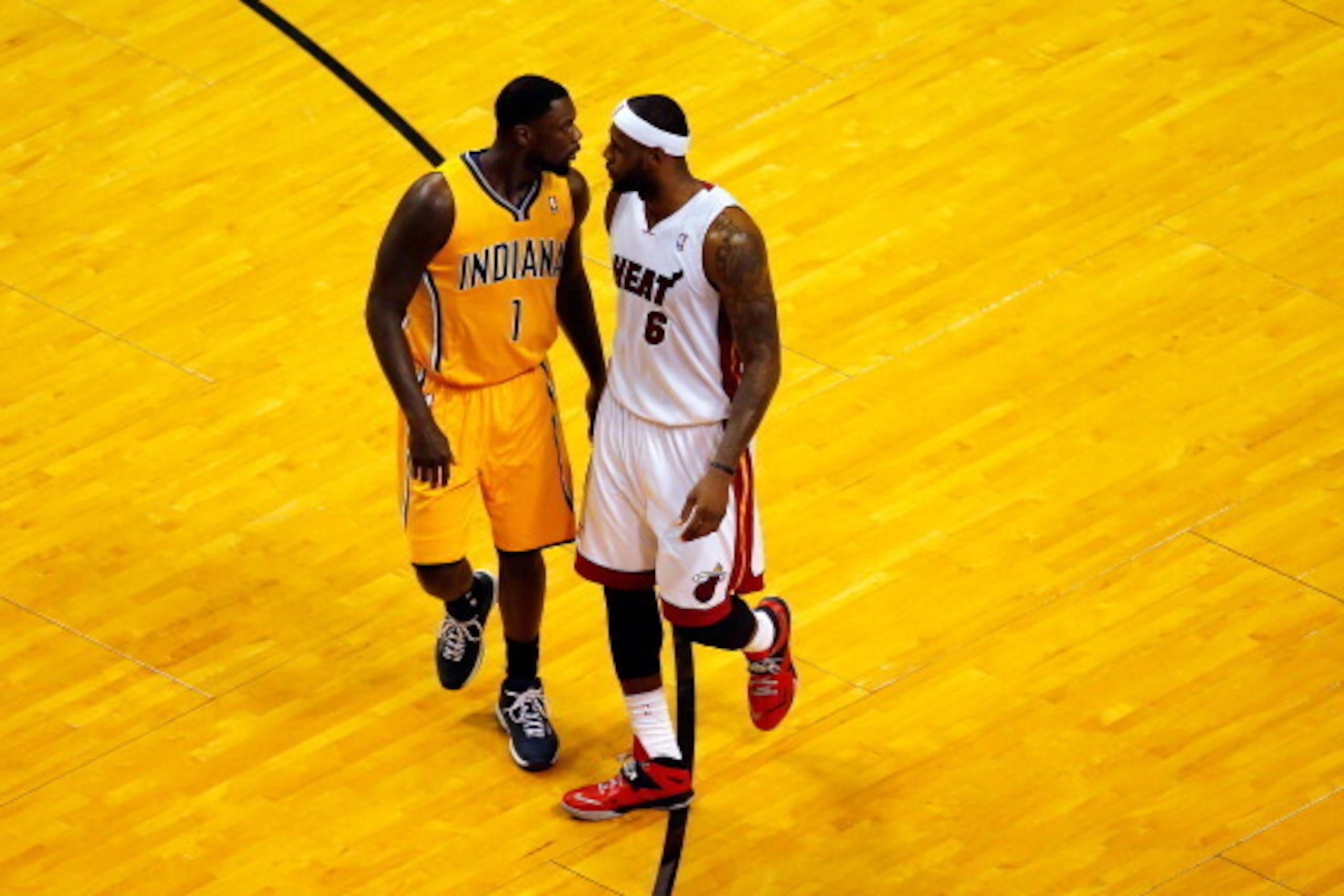 MIAMI, FL - MAY 30:  LeBron James #6 of the Miami Heat and Lance Stephenson #1 of the Indiana Pacers match up during Game Six of the Eastern Conference Finals of the 2014 NBA Playoffs at American Airlines Arena on May 30, 2014 in Miami, Florida.  NOTE TO 