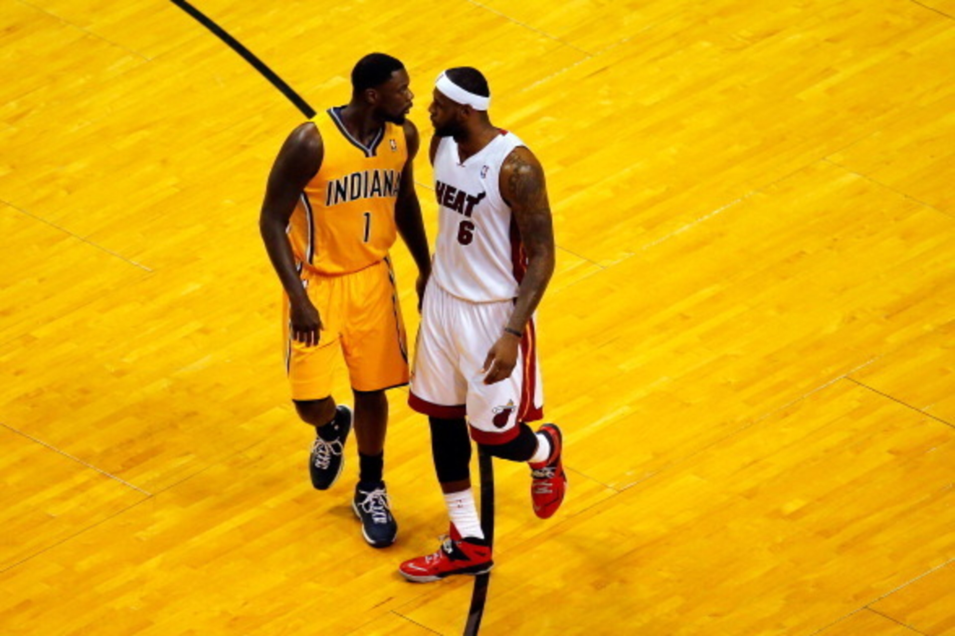 MIAMI, FL - MAY 30: LeBron James #6 of the Miami Heat and Lance Stephenson #1 of the Indiana Pacers match up during Game Six of the Eastern Conference Finals of the 2014 NBA Playoffs at American Airlines Arena on May 30, 2014 in Miami, Florida. NOTE TO MIAMI, FL - MAY 30: LeBron James #6 of the Miami Heat and Lance Stephenson #1 of the Indiana Pacers match up during Game Six of the Eastern Conference Finals of the 2014 NBA Playoffs at American Airlines Arena on May 30, 2014 in Miami, Florida. NOTE TO