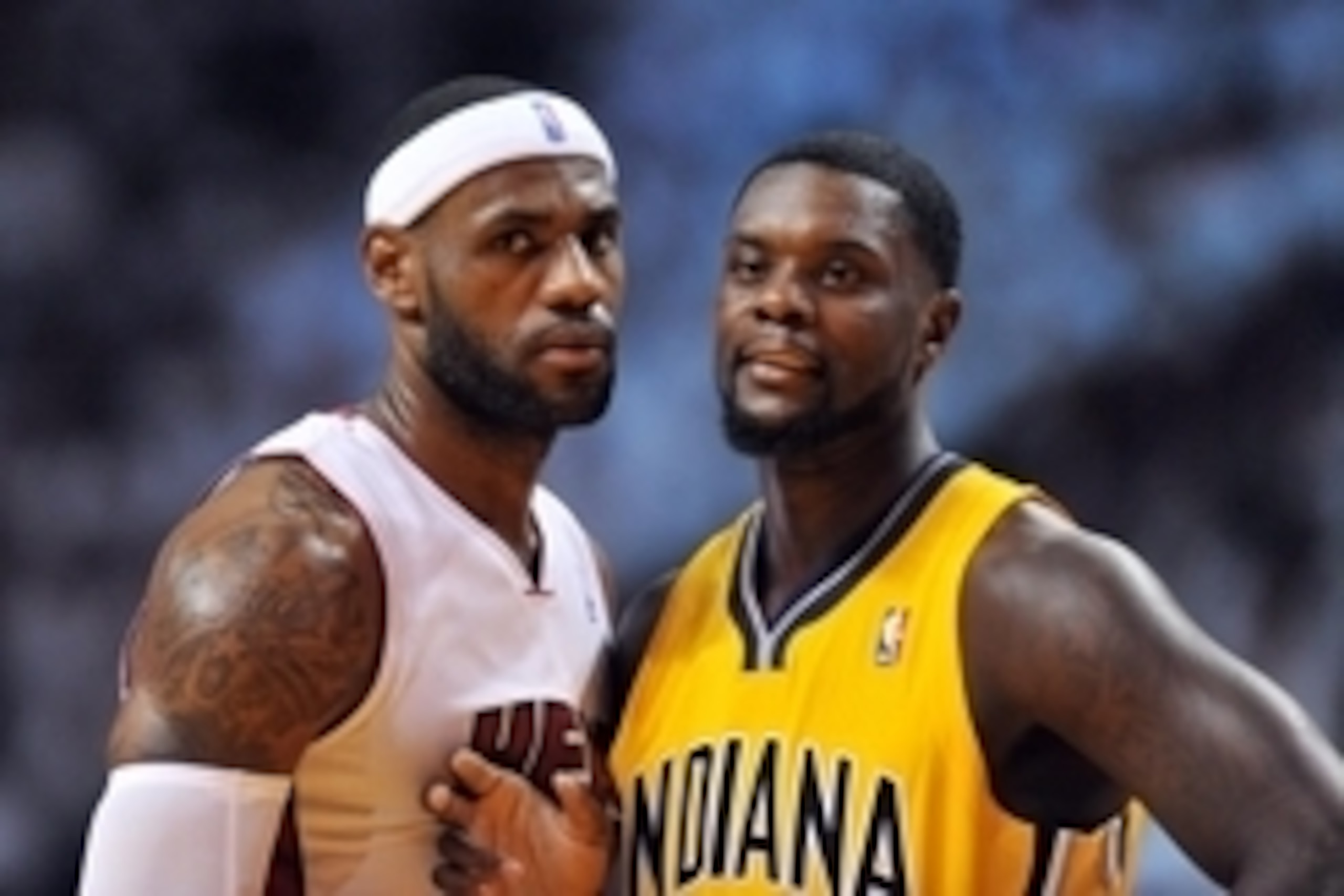 May 30, 2014; Miami, FL, USA; Miami Heat forward LeBron James (left) stands next to Indiana Pacers guard Lance Stephenson (right) during the first half in game six of the Eastern Conference Finals of the 2014 NBA Playoffs at American Airlines Arena. Manda