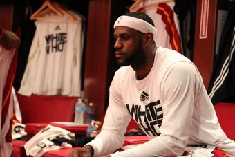 MIAMI, FL - MAY 30: LeBron James #6 of the Miami Heat in the locker room before Game Six of the Eastern Conference Finals against the Indiana Pacers during the 2014 NBA Playoffs on May 30, 2014 in Miami, Fl. NOTE TO USER: User expressly acknowledges and a