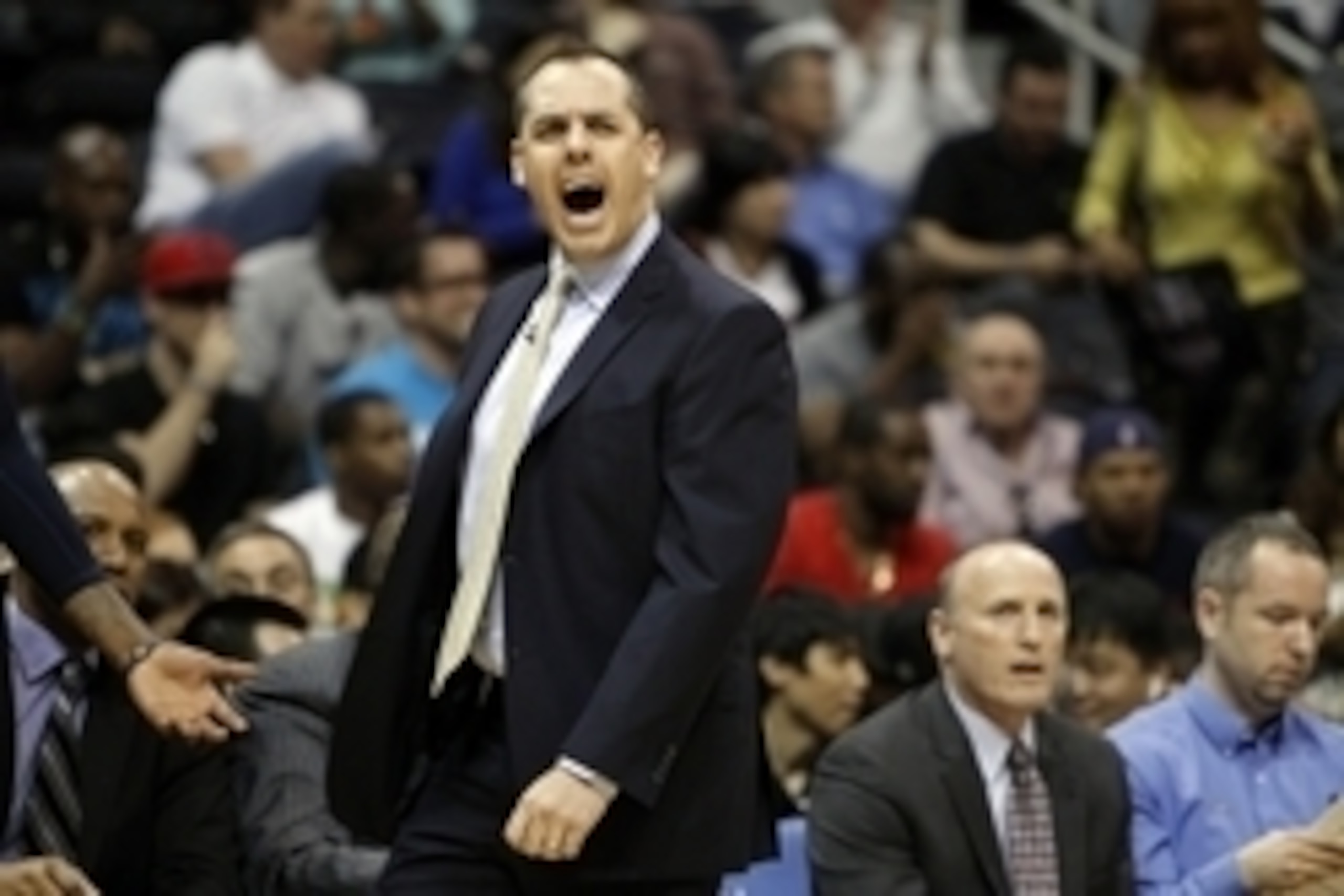 Apr 24, 2014; Atlanta, GA, USA; Indiana Pacers head coach Frank Vogel yells at a referee against the Atlanta Hawks in the first quarter in game three of the first round of the 2014 NBA Playoffs at Philips Arena. Mandatory Credit: Brett Davis-USA TODAY Spo Apr 24, 2014; Atlanta, GA, USA; Indiana Pacers head coach Frank Vogel yells at a referee against the Atlanta Hawks in the first quarter in game three of the first round of the 2014 NBA Playoffs at Philips Arena. Mandatory Credit: Brett Davis-USA TODAY Spo