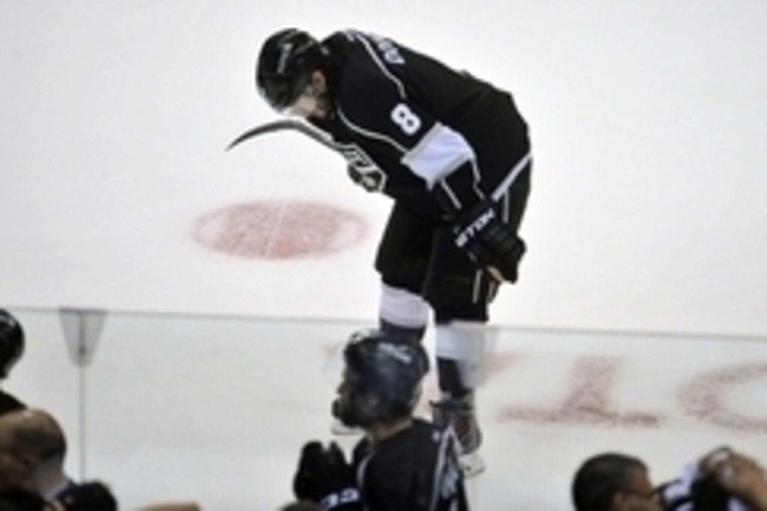 May 30, 2014; Los Angeles, CA, USA; Los Angeles Kings defenseman Drew Doughty (8) reacts to the 4-3 loss against the Chicago Blackhawks following game six of the Western Conference Final of the 2014 Stanley Cup Playoffs at Staples Center. Mandatory Credit