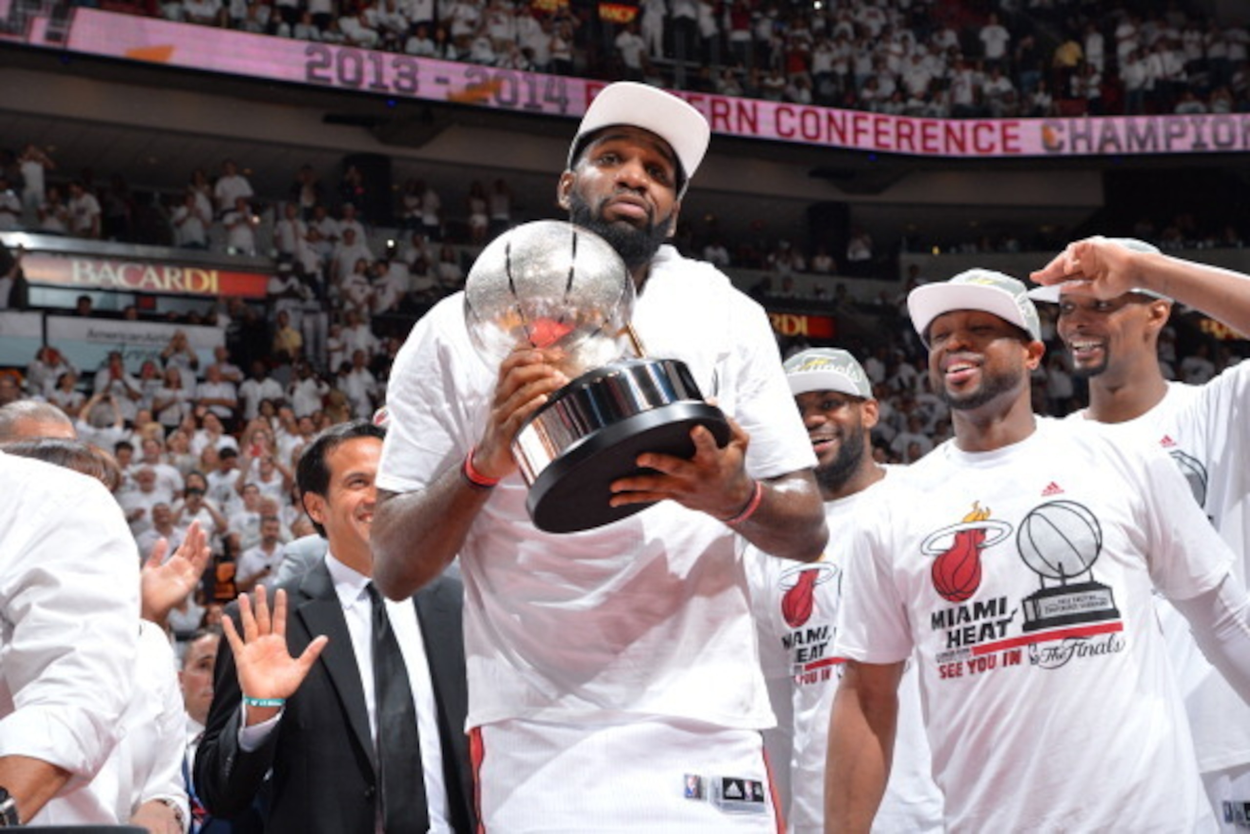 MIAMI, FL - MAY 30: Greg Oden #20 of the Miami Heat holds the trophy after the win against the Indiana Pacers in Game Six of the Eastern Conference Finals during the 2014 NBA Playoffs on May 30, 2014 in Miami, Fl. NOTE TO USER: User expressly acknowledges