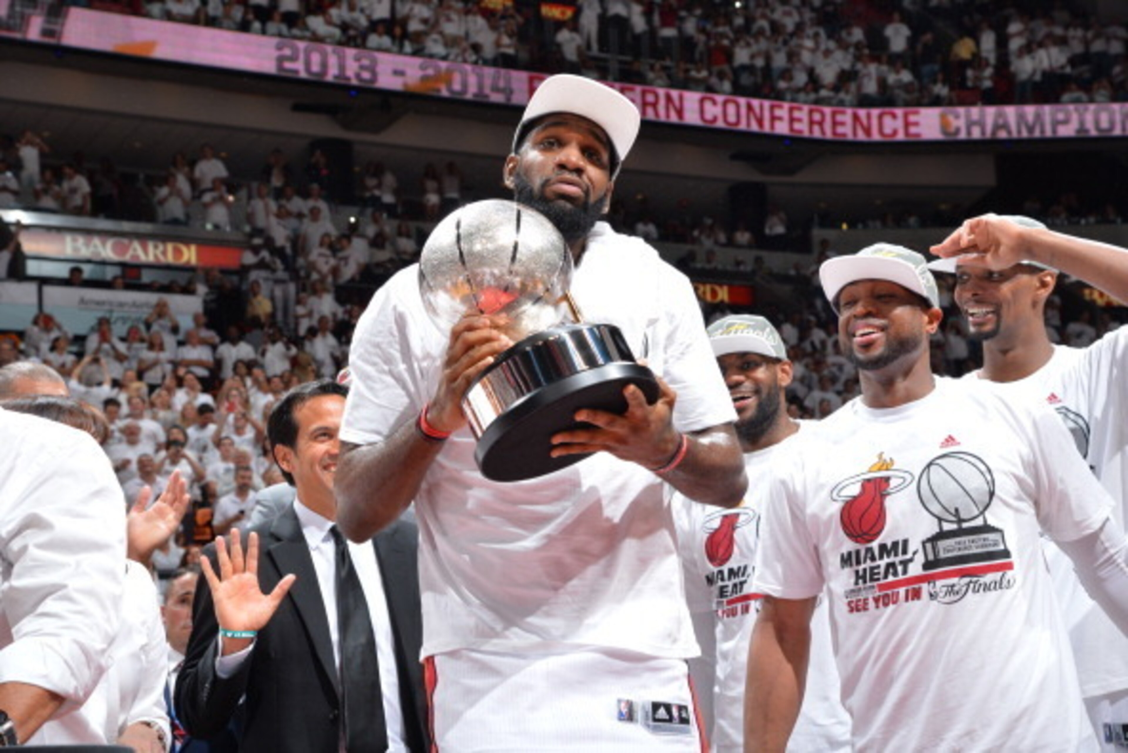 MIAMI, FL - MAY 30: Greg Oden #20 of the Miami Heat holds the trophy after the win against the Indiana Pacers in Game Six of the Eastern Conference Finals during the 2014 NBA Playoffs on May 30, 2014 in Miami, Fl. NOTE TO USER: User expressly acknowledges MIAMI, FL - MAY 30: Greg Oden #20 of the Miami Heat holds the trophy after the win against the Indiana Pacers in Game Six of the Eastern Conference Finals during the 2014 NBA Playoffs on May 30, 2014 in Miami, Fl. NOTE TO USER: User expressly acknowledges