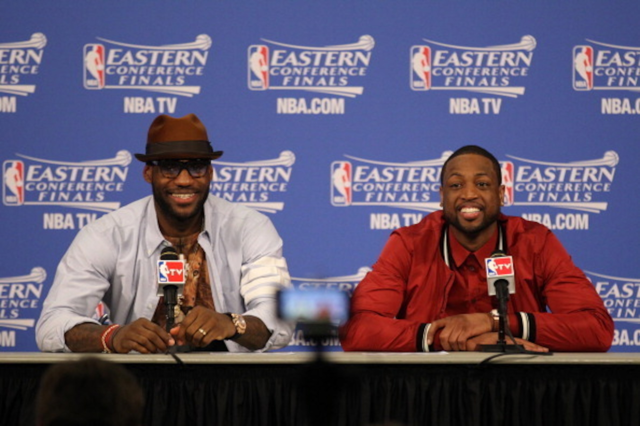 MIAMI, FL - MAY 30: LeBron James #6 and Dwyane Wade #3 of the Miami Heat smile after Game Six of the Eastern Conference Finals against the Indiana Pacers during the 2014 NBA Playoffs on May 30, 2014 in Miami, Fl. NOTE TO USER: User expressly acknowledges 