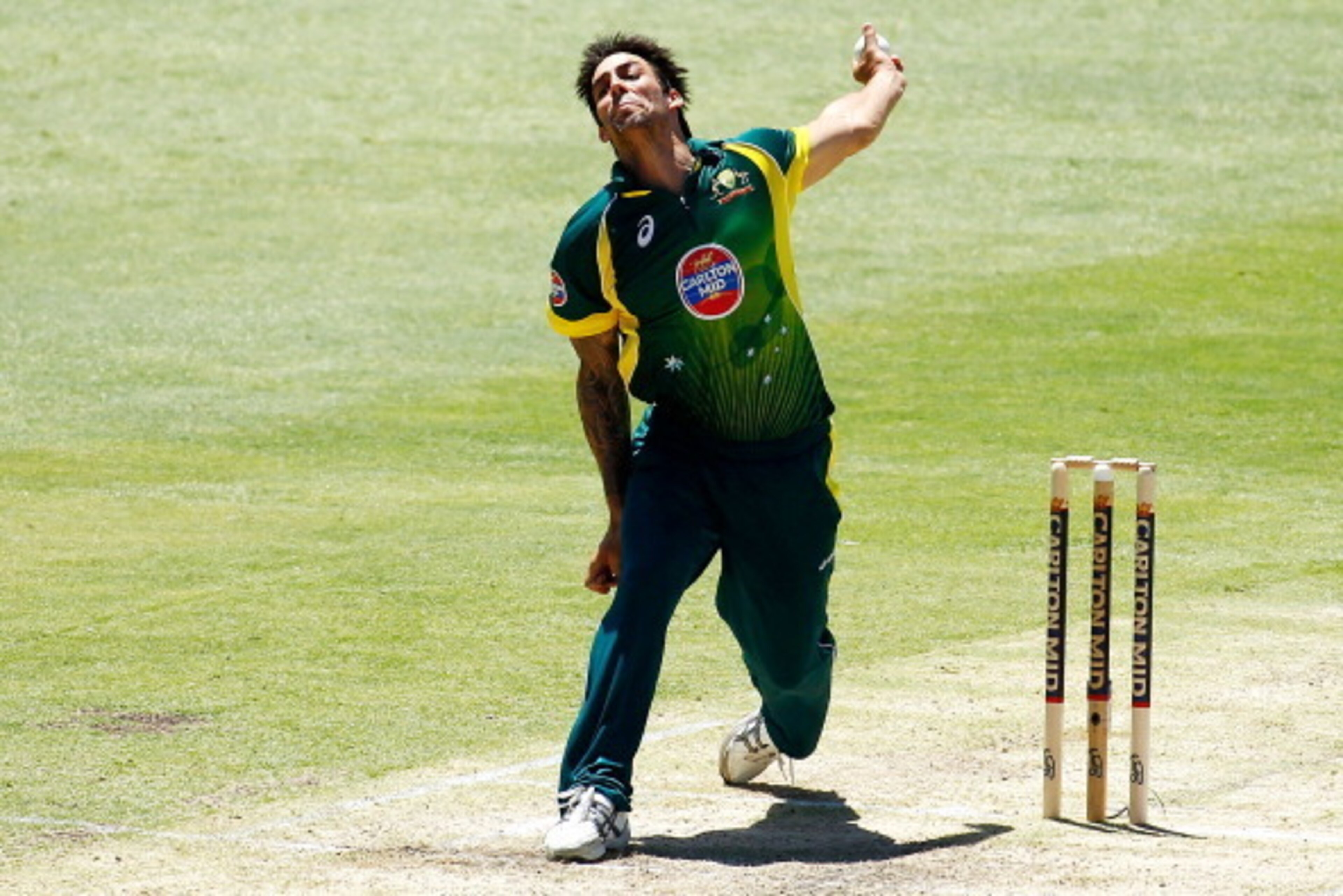 PERTH, AUSTRALIA - JANUARY 24: Mitchell Johnson of Australia bowls during game four of the One Day International series between Australia and England  at WACA on January 24, 2014 in Perth, Australia.  (Photo by Will Russell/Getty Images)