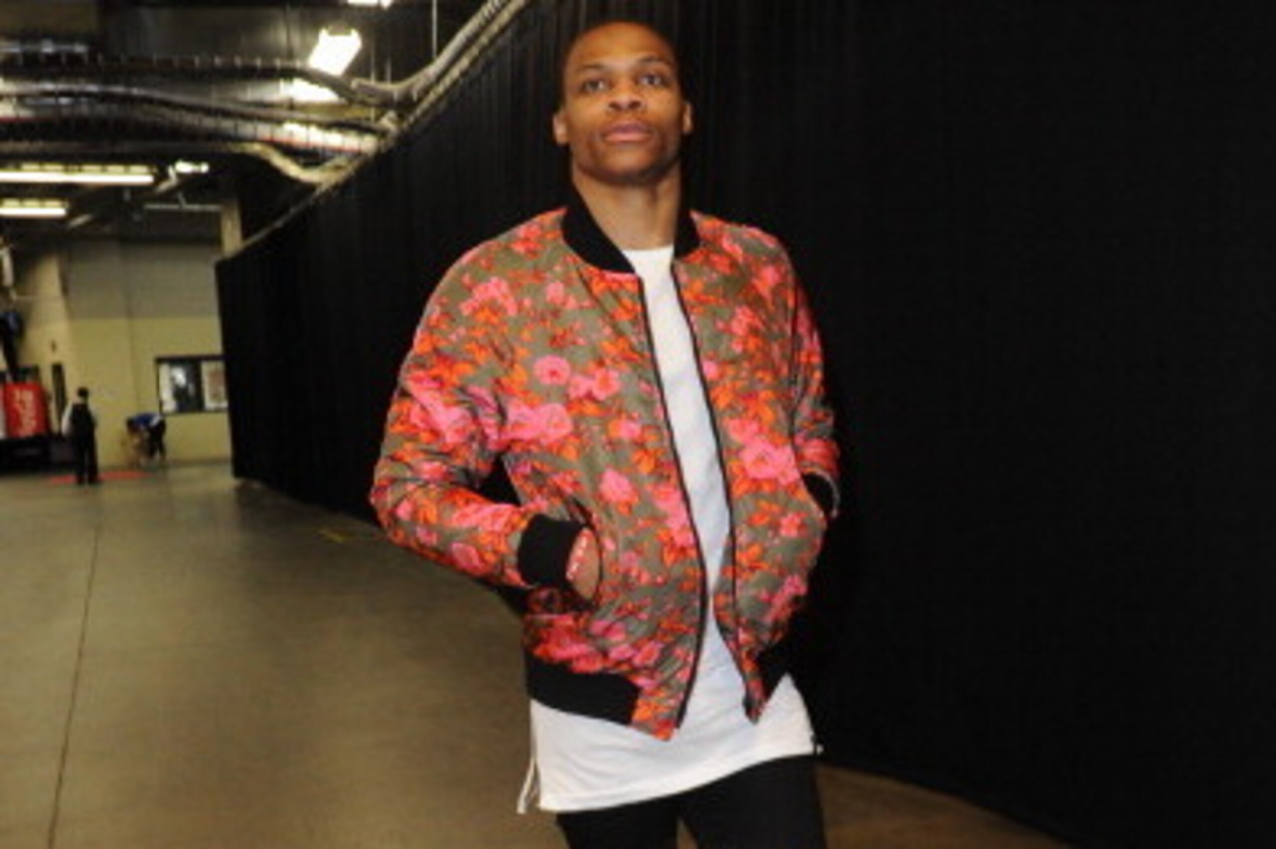 OKLAHOMA CITY, OK - MAY 27: Russell Westbrook #0 of the Oklahoma City Thunder arrives at the arena before Game Four of the Western Conference Finals against the San Antonio Spurs during the 2014 NBA Playoffs on May 27, 2014 at the Chesapeake Energy Arena 