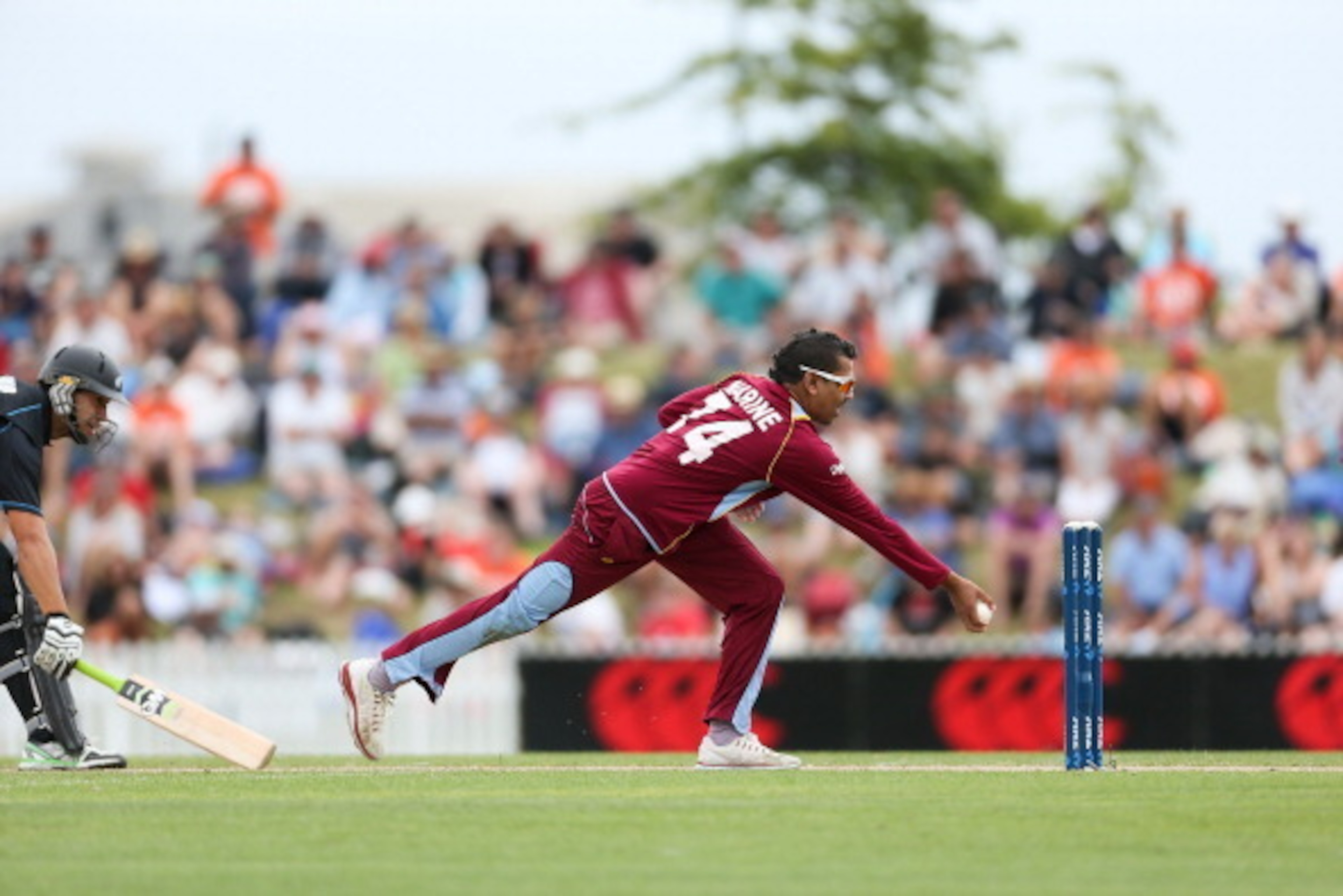 NELSON, NEW ZEALAND - JANUARY 04:  Sunil Narine of the West Indies runs out Ross Taylor of New Zealand during game four of the One Day International Series between New Zealand and the West Indies at Saxton Field on January 4, 2014 in Nelson, New Zealand. 