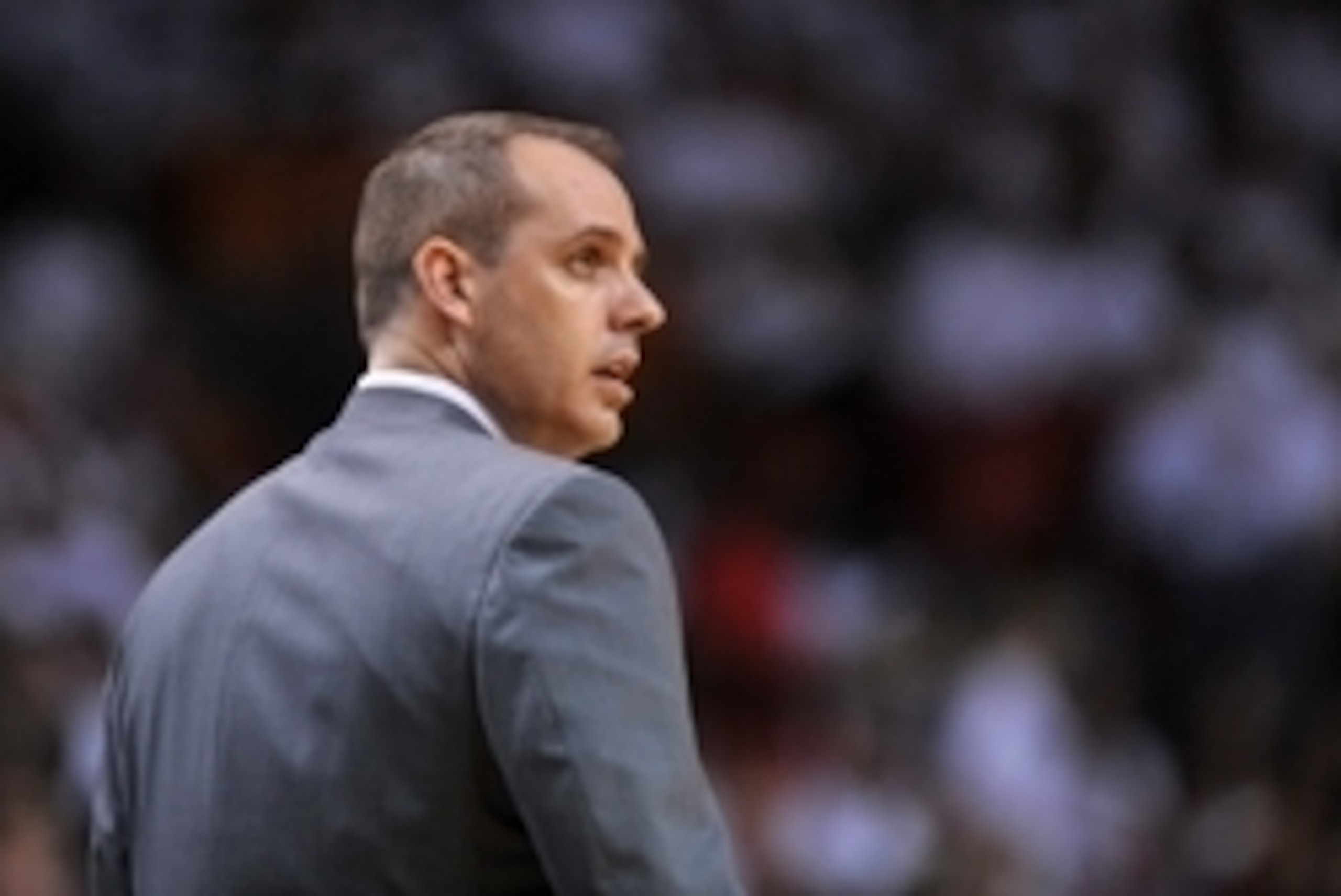 May 26, 2014; Miami, FL, USA; Indiana Pacers head coach Frank Vogel court side against the Miami Heat in game four of the Eastern Conference Finals of the 2014 NBA Playoffs at American Airlines Arena. The Heat won 102-90. Mandatory Credit: Steve Mitchell-