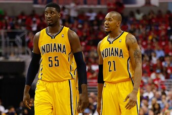 May 15, 2014; Washington, DC, USA; Indiana Pacers center Roy Hibbert (55) and Pacers forward David West (21) stand on the court against the Washington Wizards in game six of the second round of the 2014 NBA Playoffs at Verizon Center. Mandatory Credit: Ge