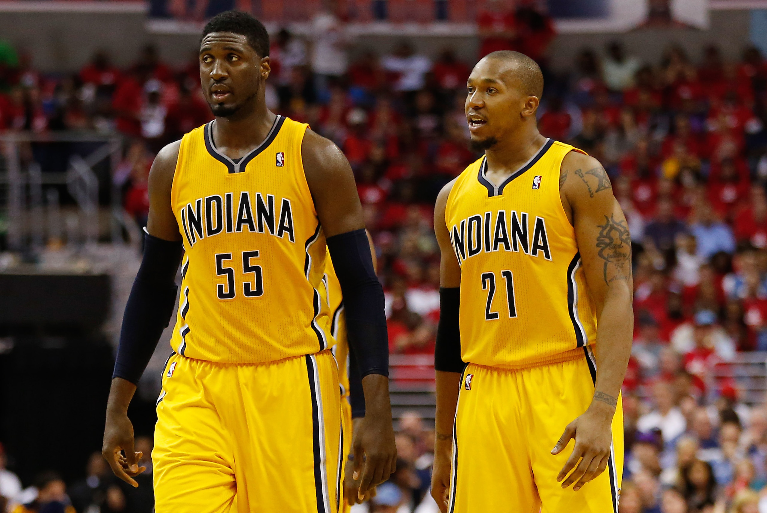 May 15, 2014; Washington, DC, USA; Indiana Pacers center Roy Hibbert (55) and Pacers forward David West (21) stand on the court against the Washington Wizards in game six of the second round of the 2014 NBA Playoffs at Verizon Center. Mandatory Credit: Ge